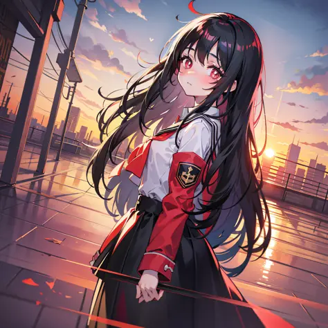 Sunset background, cute sister, black hair, long hair, affectionate gaze, looking back, open street background, student uniform, bright red pupils, slightly tall figure, slightly shy face, sick gaze, with loving heart shape in the eyes