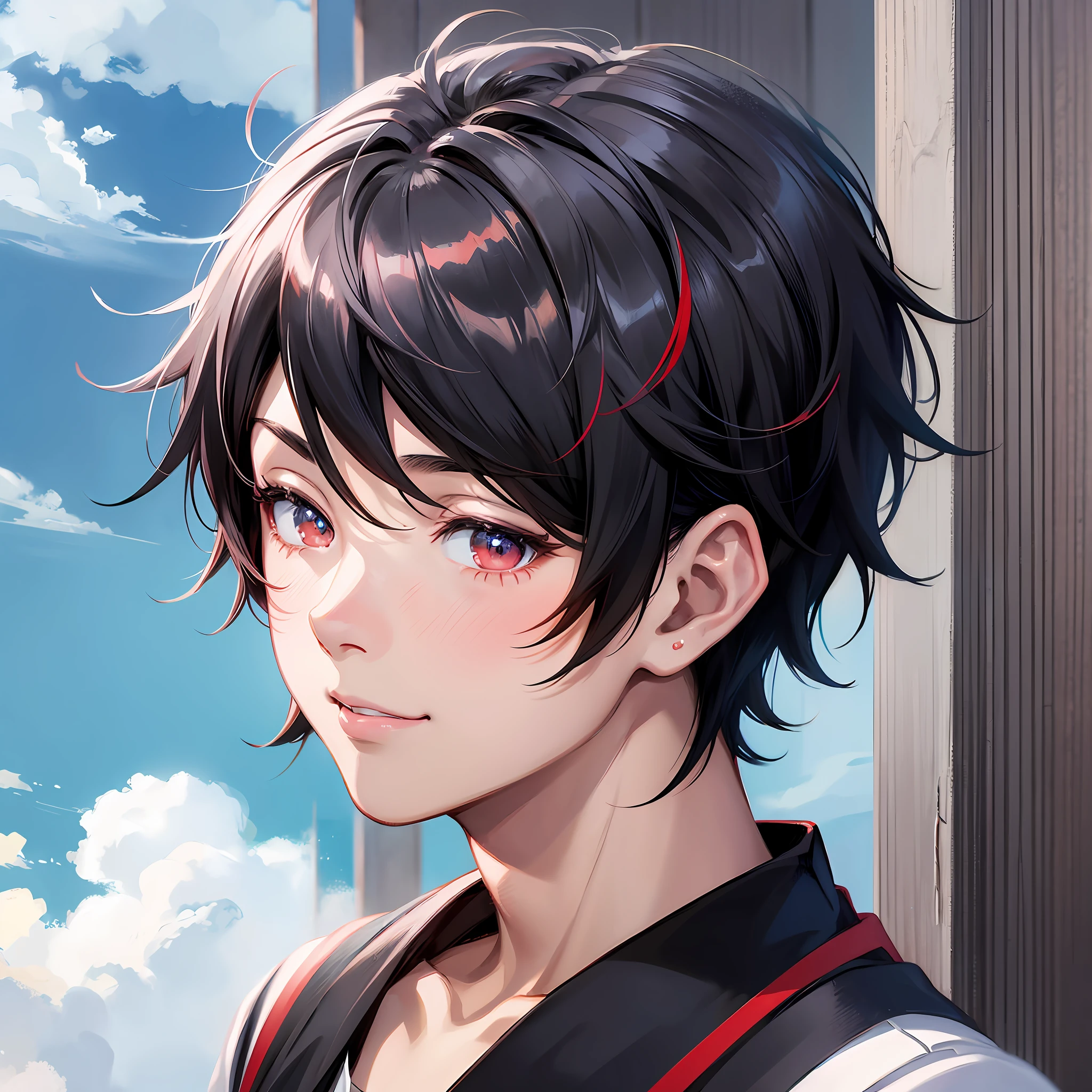 Chico anime con cabello negro y ojos rojos mirando por una ventana - SeaArt  AI