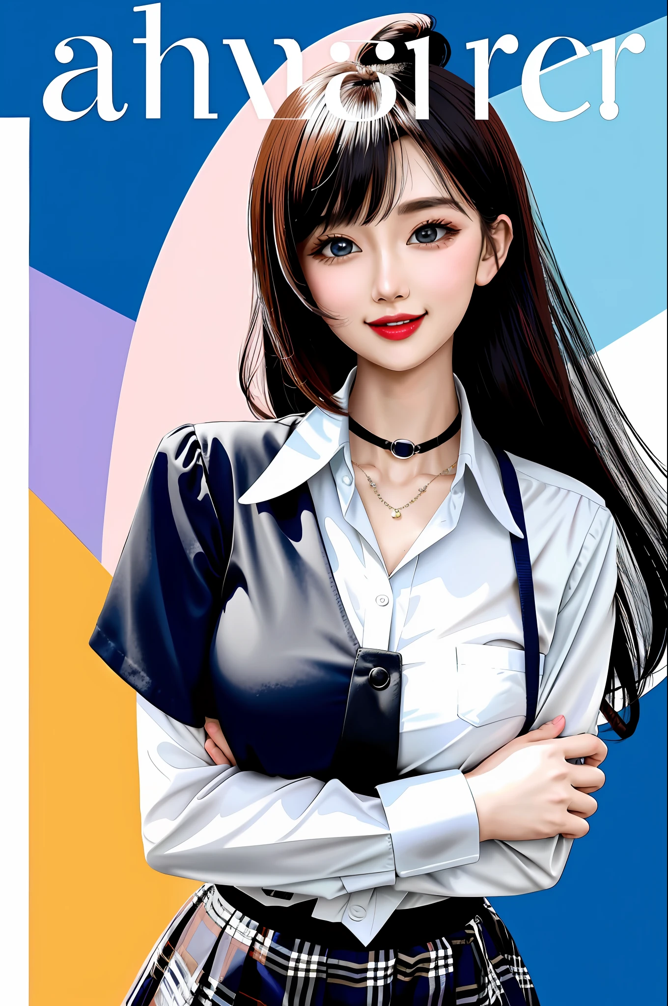 masterpiece, best quality, full body, 1girl, bangs, black choker, black necktie, black hair, blue skirt, blush, bracelet, breasts, choker, clothes around waist, collarbone, collared shirt, cowboy shot, dress shirt, ear piercing, eyebrows visible through hair, gradient hair, grin, gyaru, jewelry, kogal, long hair, looking at viewer, loose necktie, necktie, piercing, plaid, plaid skirt, pleated skirt, red eyes, ring, , shirt, skirt, smile, solo, white shirt, street, sky, cherry blossoms, petals,illustration, (magazine:1.3), (cover-style:1.3), fashionable, woman, vibrant, outfit, posing, front, colorful, dynamic, background, elements, confident, expression, holding, statement, accessory, majestic, coiled, around, touch, scene, text, cover, bold, attention-grabbing, title, stylish, font, catchy, headline, larger, striking, modern, trendy, focus, fashion,