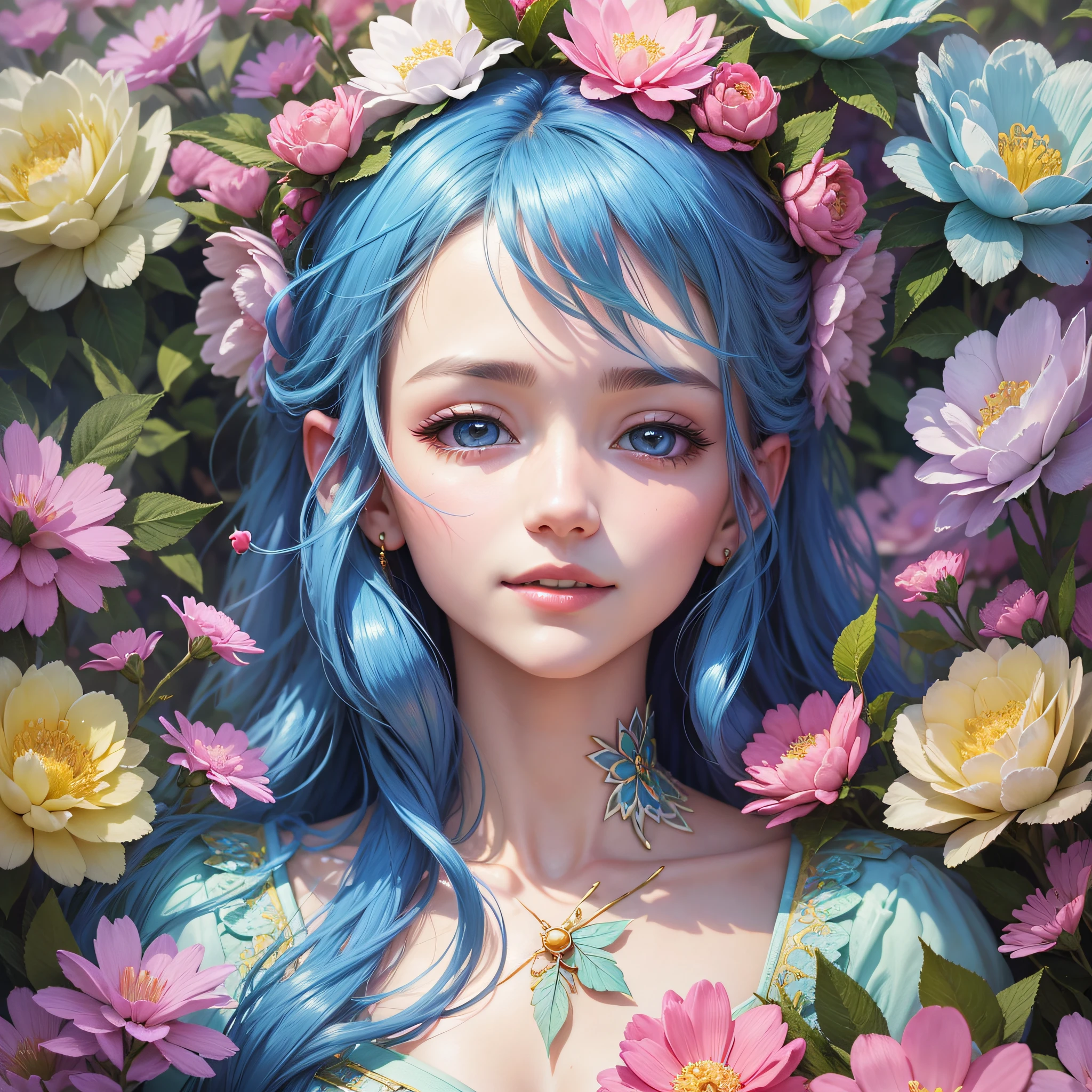 Fairy with very beautiful face, vivid and bright colors, full of joy, very delicate, very dense, surrounded by many flowers, 8K, dynamic wallpaper --auto --s2