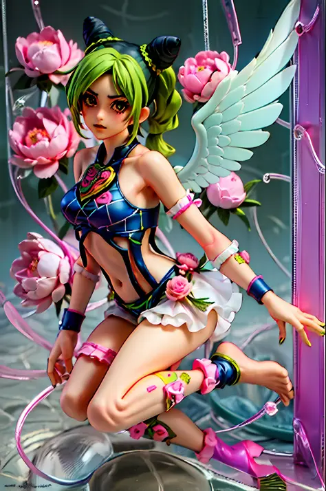 jolyne, 1girl, green hair, ponytail, perfect body, soft skin, 4digists 1thumb, freefalling, medium chest, holding a peony, intri...