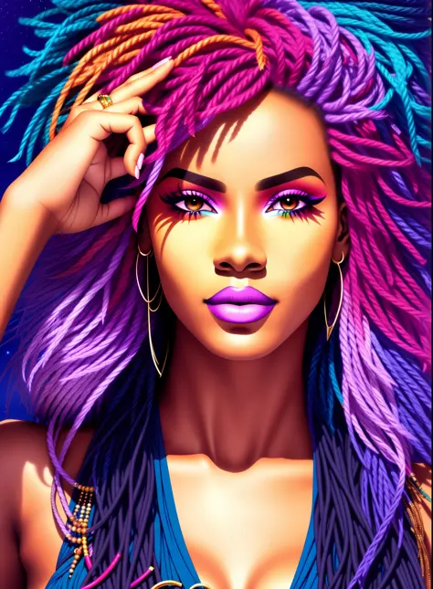 african goddess, beautiful face, luxuriant afro-textured messed rainbow hair, dark skin, heterochromia eyes, really curly hair