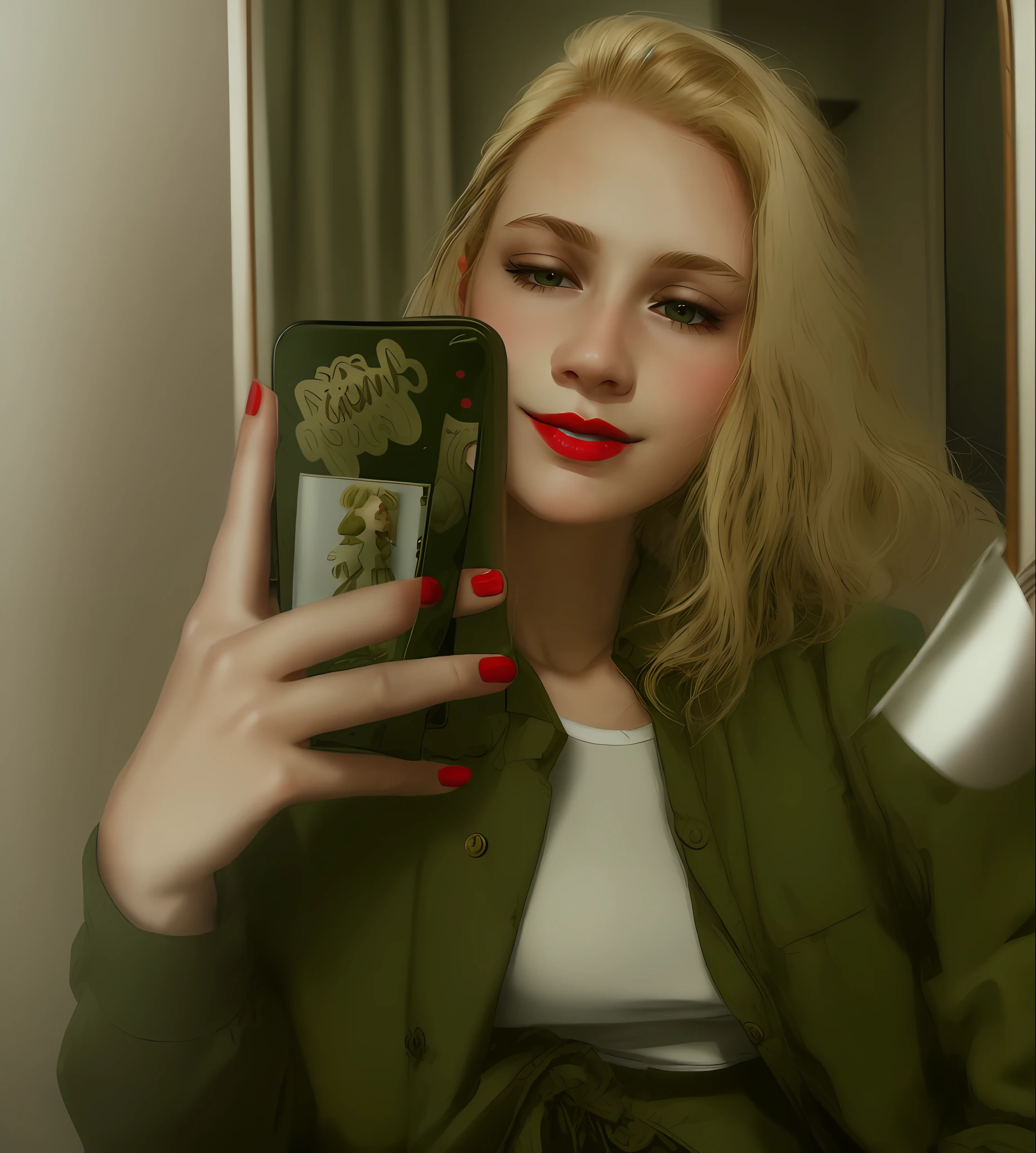 blonde hair, dark brown eyes, 1girl, upper body, photo in mirror, looking at the mirror, in the bedroom, mouth closed, half smile, detailed clothes, military green coat and white blouse, animation, blush, red lipstick, narrow waist, red opaque sofa, off white closet in the background