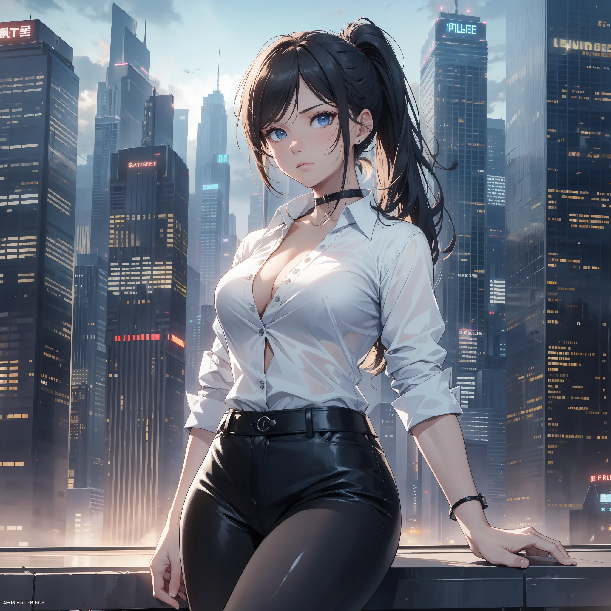 Anime girl in a white shirt and black pants posing on a ledge - SeaArt AI