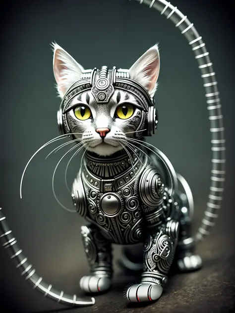 a cute kitten made out of metal, (cyborg:1.1), ([tail | detailed wire]:1.3), (intricate details), hdr, (intricate details, hyperdetailed:1.2), cinematic shot, vignette, centered