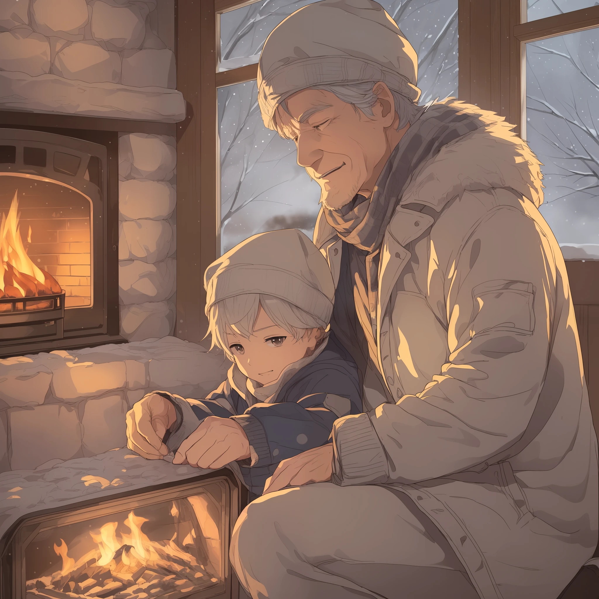 ((Image quality: high image quality + high resolution + delicate and delicate anime style) ,(Screen description: On a winter night, grandpa and grandson sit by the fire, firewood is roasting on the stove, and the flame is roaring. Grandpa wore a heavy cotton jacket and a woolen cap, his grandson wore a thick down jacket, and the heat emitted by the stove made his grandson show a satisfied expression. The snowflakes grew larger and larger, and the ground was covered with a thin layer of snow. ) + (Subject: Grandpa, Grandson) + (Details: Snow Outside the Window + Firelight) + Embedding (Anime Style) --auto --s2