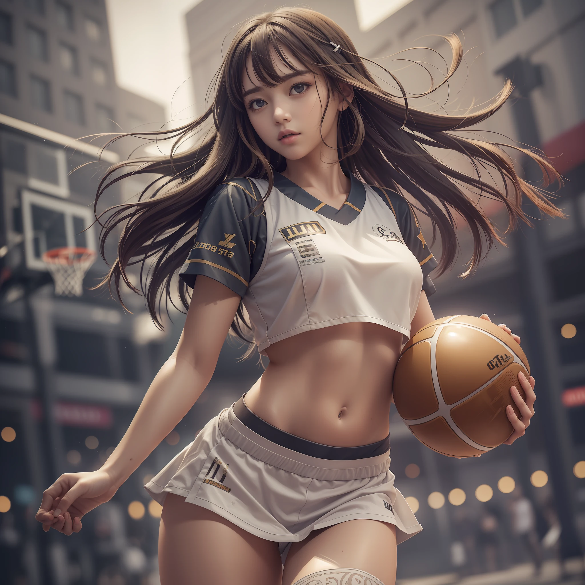 (8k, best quality, masterpiece: 1.2), belly button, (realistic, photorealistic: 1.37), ultra-detailed, best quality, ultra high-resolution, professional lighting, photon mapping, radiosity, physically based rendering, cinematic lighting, basketball court, depth of field, sharp focus, sunbeam, good composition, (bokeh: 1.2) 1 girl, solo, (full body), (closed mouth), beautiful detailed eyes, pose, narrow waist, basketball uniform, black hair,  messy hair, long hair floating in the wind, (ulzzang-6500:1.2) mix4, hiqcgbody --auto --s2