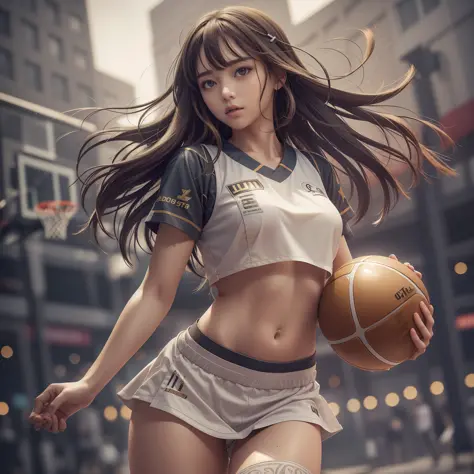 (8k, best quality, masterpiece: 1.2), belly button, (realistic, photorealistic: 1.37), ultra-detailed, best quality, ultra high-resolution, professional lighting, photon mapping, radiosity, physically based rendering, cinematic lighting, basketball court, ...