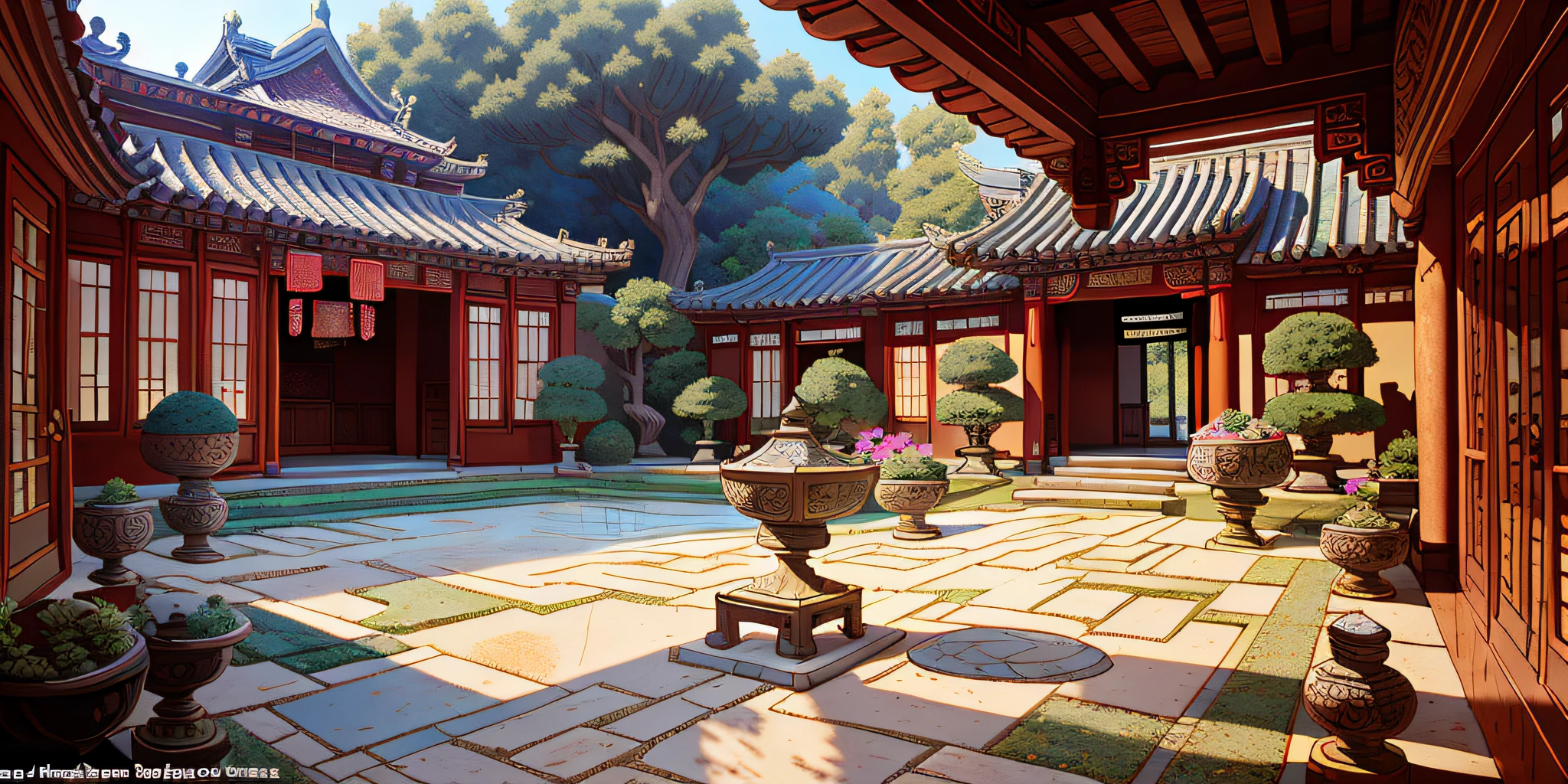 Masterpiece, the best quality, high quality, extremely detailed, ancient Chinese courtyard is generally composed of courtyards, surrounded by four low walls, the courtyard building layout is reasonable, divided into entrance halls, guest rooms, garden shade and other areas. The floor of the yard is mostly paved with bluestone slabs or stones