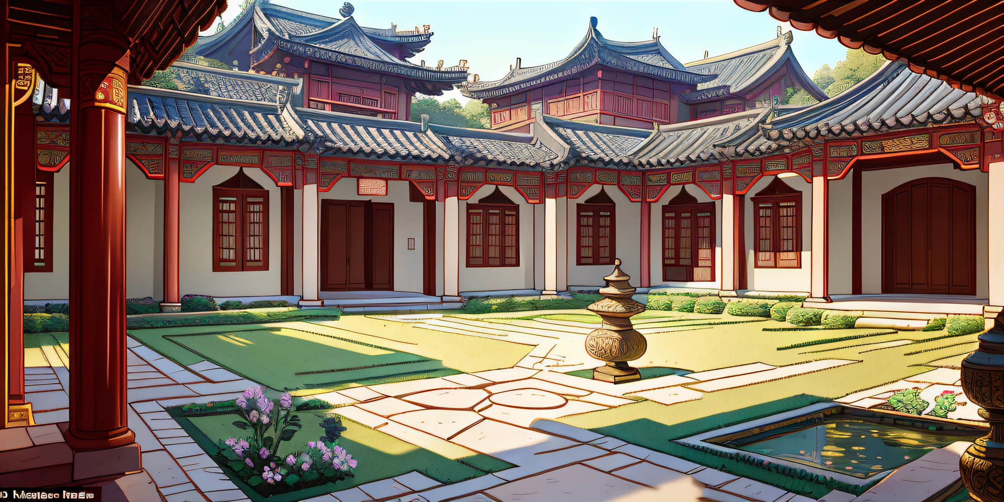 Masterpiece, the best quality, high quality, extremely detailed, ancient Chinese courtyard is generally composed of courtyards, surrounded by four low walls, the courtyard building layout is reasonable, divided into entrance halls, guest rooms, garden shade and other areas. The floor of the yard is mostly paved with bluestone slabs or stones