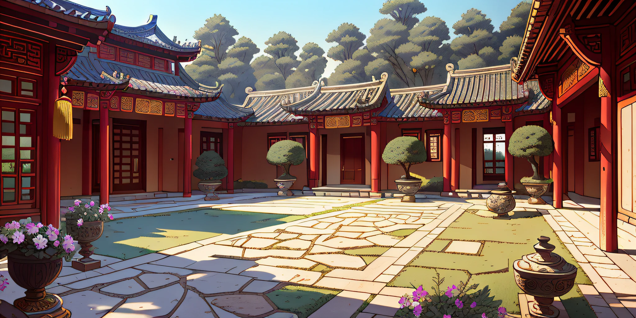 Masterpiece, the best quality, high quality, extremely detailed, ancient Chinese courtyard is generally composed of courtyards, surrounded by four low walls, the courtyard building layout is reasonable, divided into entrance halls, guest rooms, garden shade and other areas. The floor of the yard is mostly paved with bluestone slabs or stones