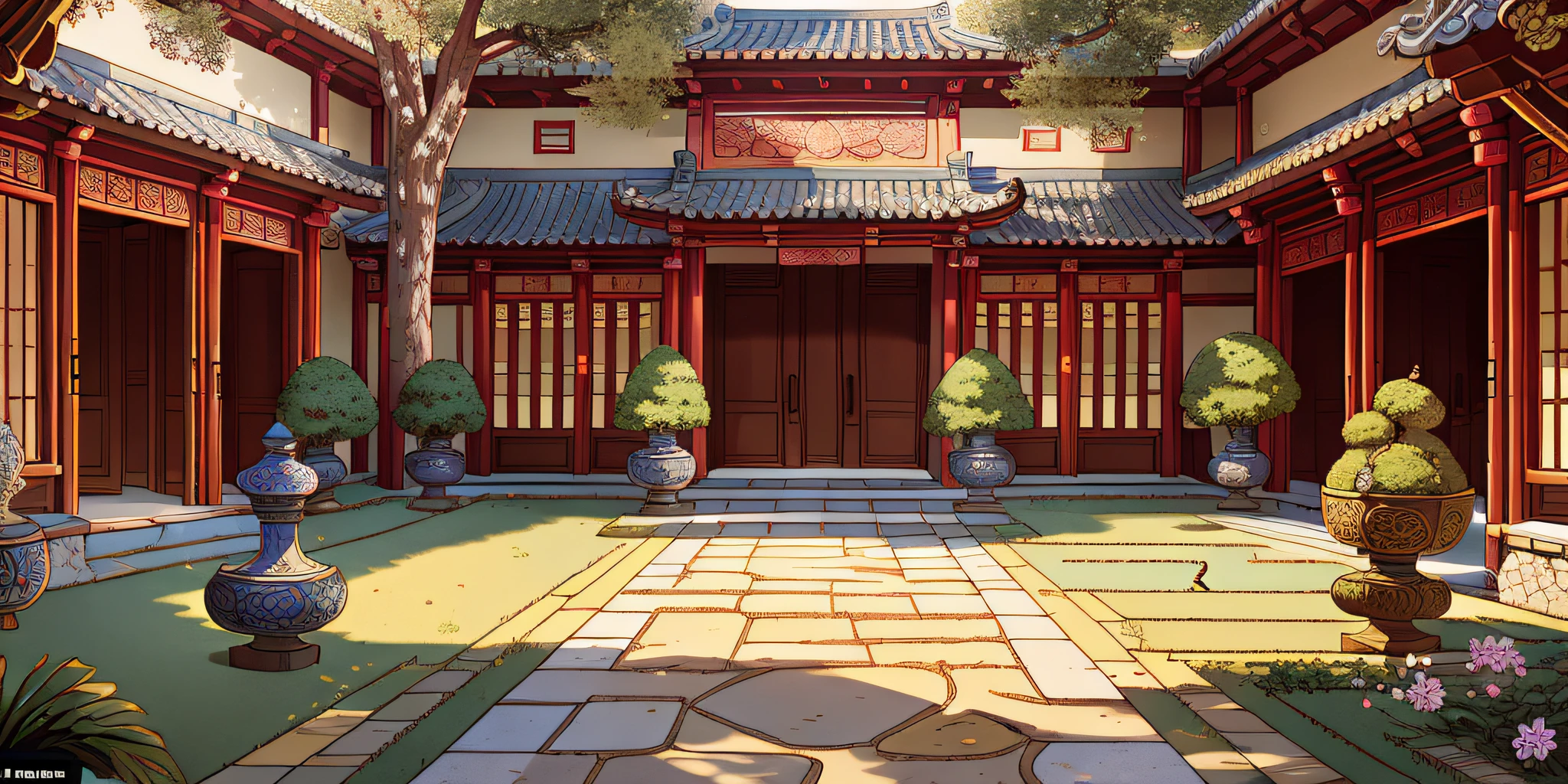 걸작, 최고의 품질, 고품질, 매우 상세한, 고대 중국 안뜰은 일반적으로 안뜰로 구성됩니다, 네 개의 낮은 벽으로 둘러싸인, 안뜰 건물 배치가 합리적입니다, 현관으로 나누어져 있어요, 객실, 정원 그늘 및 기타 지역. 마당 바닥은 대부분 청석판이나 돌로 포장되어 있다.