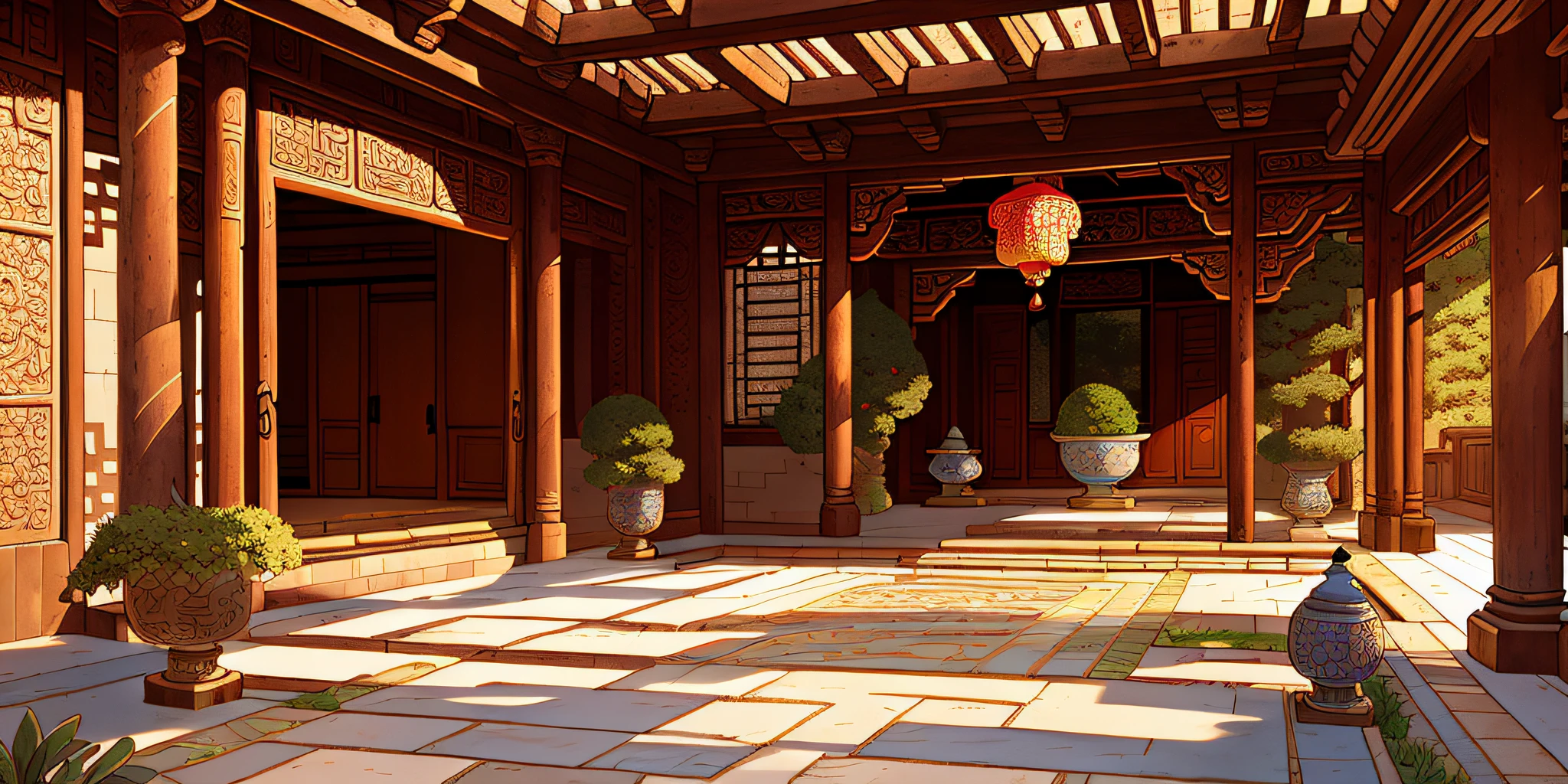 There is a courtyard with a lot of plants and potted plants SeaArt AI