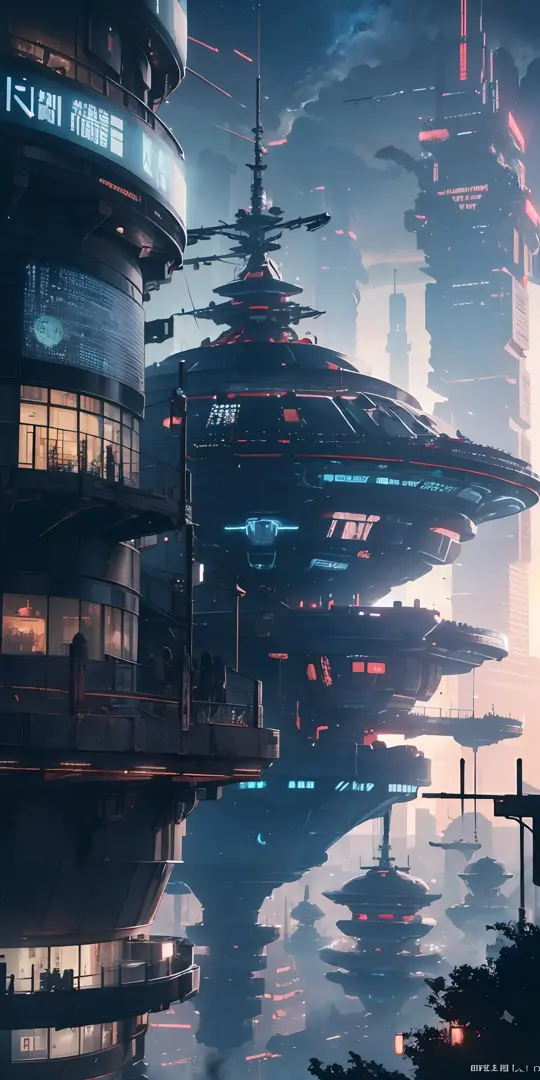 futuristic cityscapes, ((Cyborg)), (irregular architecture), mechanical, (cyberpunk), (hovering trains), drones, realistic lighting, (abyss) masterpieces, high quality, beautiful anime, high detail, ((looming flying saucers and ships in the sky)), vision (...