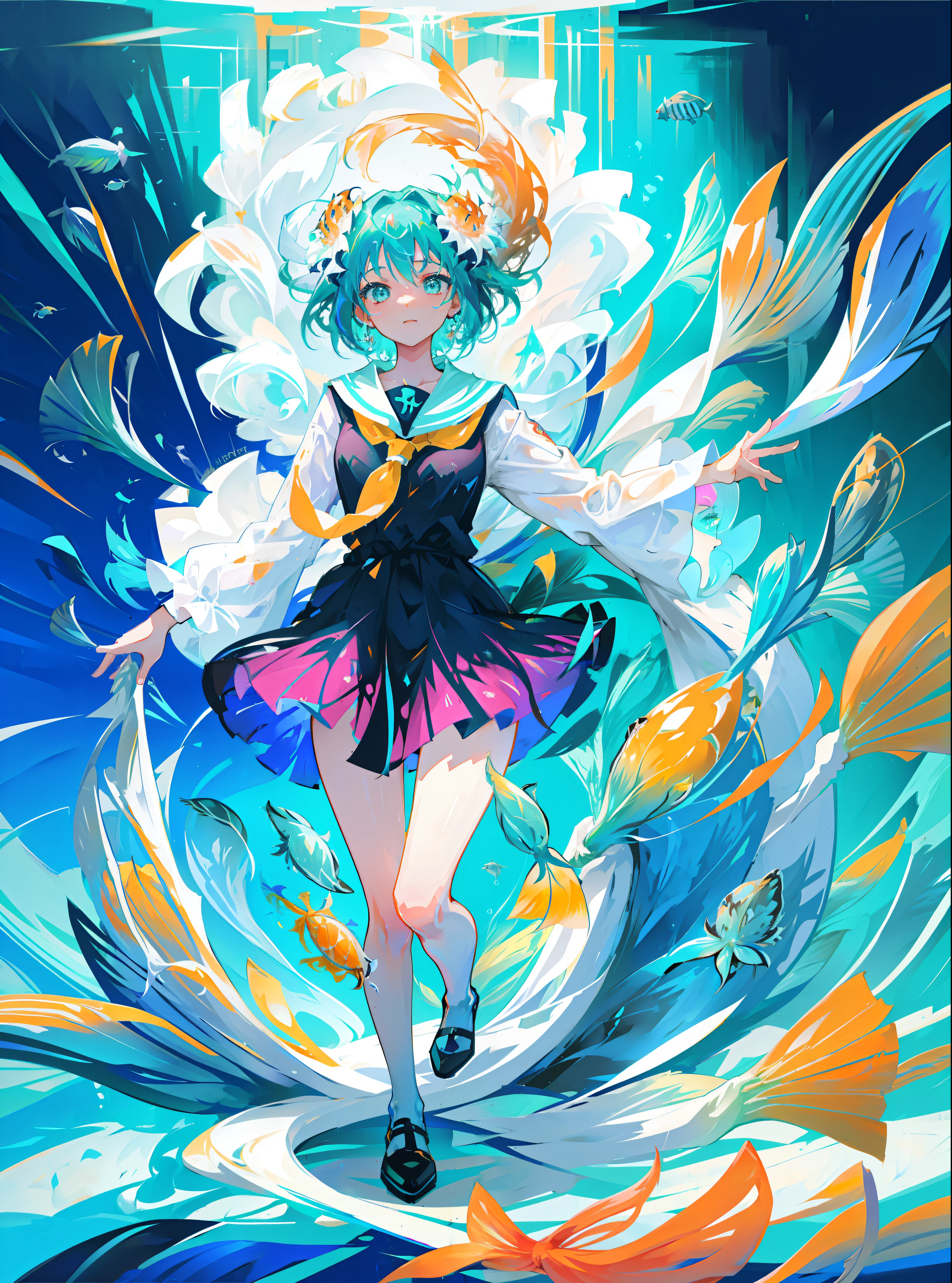 beautiful  woman dancing underwater, ((Surrounded by schools of fish):1.6),dress spraying with colors, paint fanned out, paint splatter,wet, water, rim light, vibrant details, elegant, best quality, style-paintmagic,