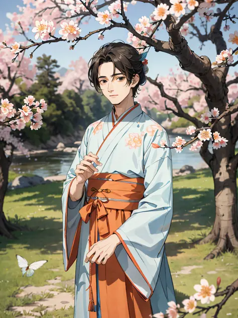 Absurd, high definition, super detailed, texture detail, clear presentation, HD details, detail performance, (1 person: 1.3), hand drawn, simple lines, an 18-year-old man in colorful Hanfu, standing under a peach blossom tree, masterpiece, sunny day, looki...