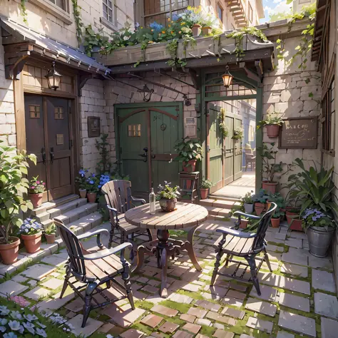 there is a patio with a table and chairs and a door, by senior environment artist, relaxing concept art, inspired by senior environment artist, beautiful 3 d concept art, environment art, 3 d stylize scene, cozy cafe background, anime scenery concept art, ...