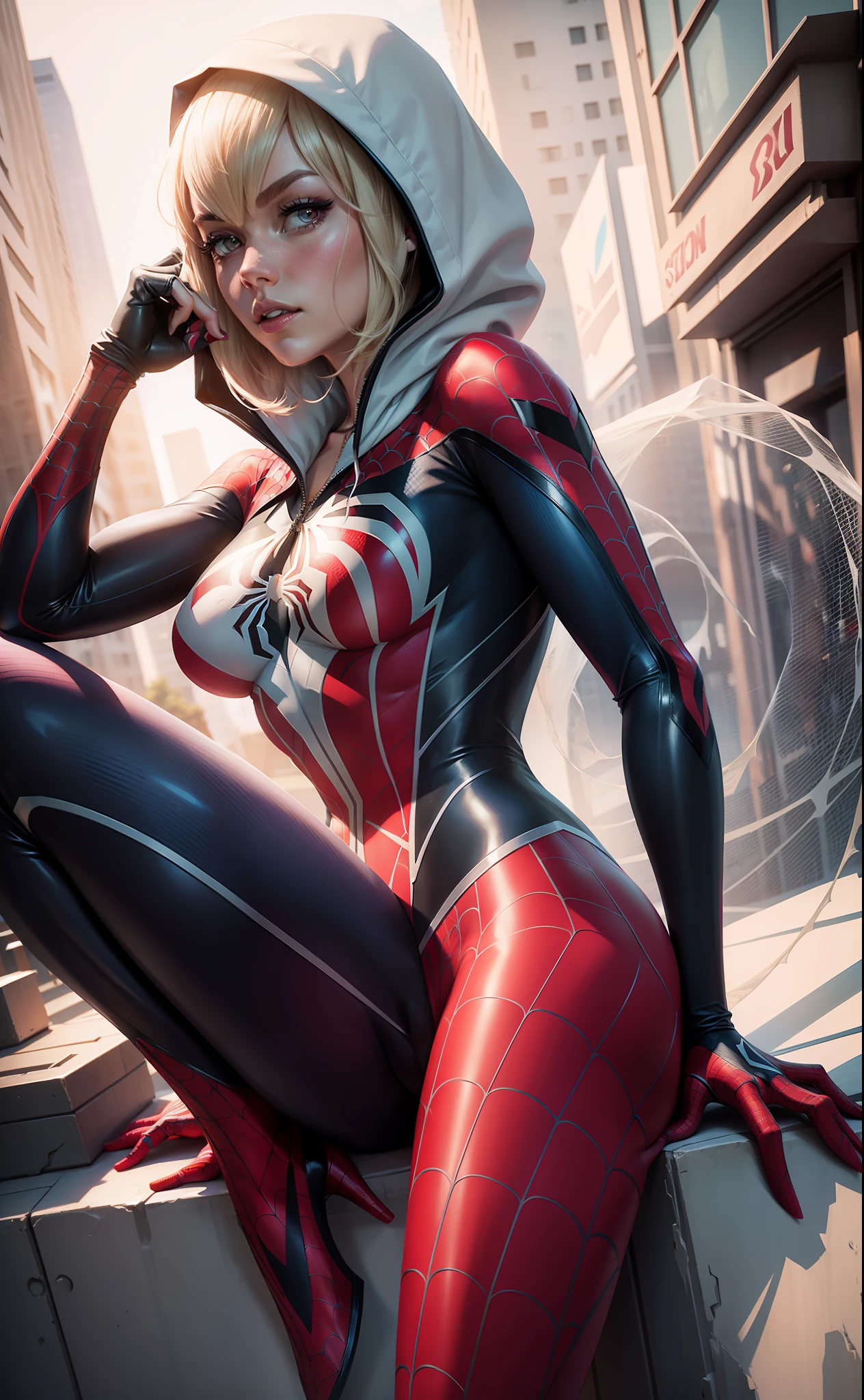 Spider - woman in a hoodie sitting on a ledge in a city - SeaArt AI