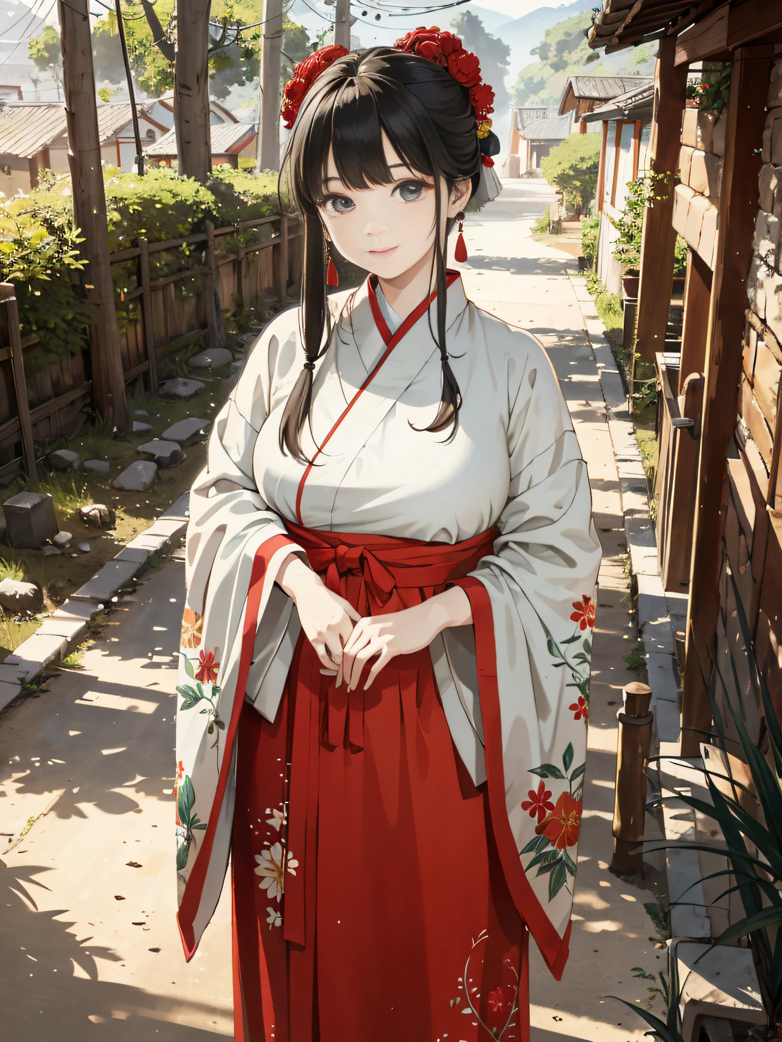 Absurd, high definition, super detailed, texture details, clear presentation, HD details, detail performance, fine details, clear face, precise restoration, clear eyeballs, (1 fat girl: 1.3), hand-drawn, simple lines, a 50-year-old girl in festive red Hanfu, holding a fan standing on the dirt road at the entrance of the village, masterpiece, sunny day, looking at the camera