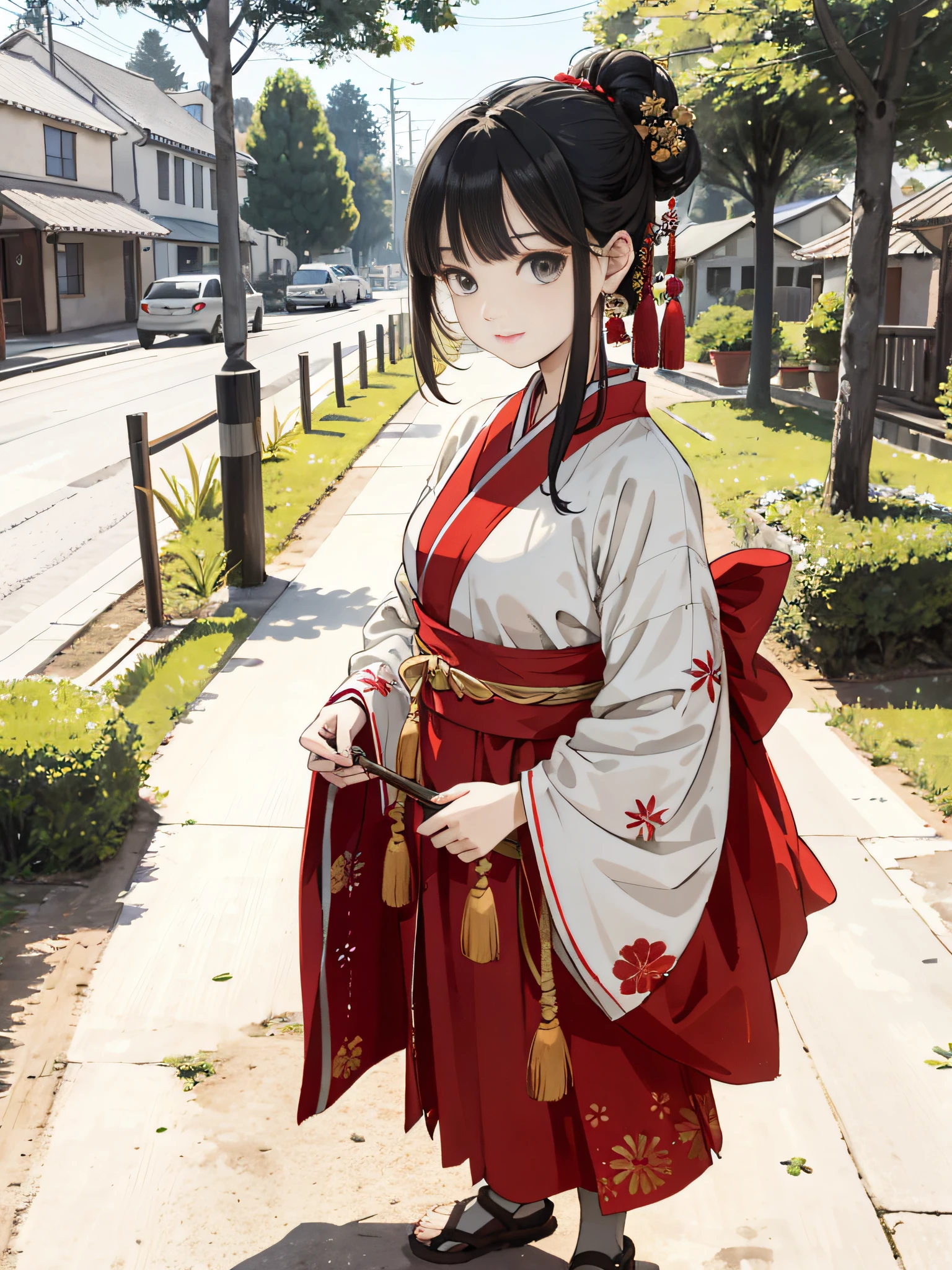 Absurd, high definition, super detailed, texture details, clear presentation, high-definition details, detail performance, fine details, clear face, precise restoration, clear eyeballs, (1 fat girl: 1.3), hand-drawn, simple lines, a 50-year-old girl in festive red Hanfu, holding a fan, standing on the dirt road at the entrance of the village, masterpiece, sunny day, looking at the camera