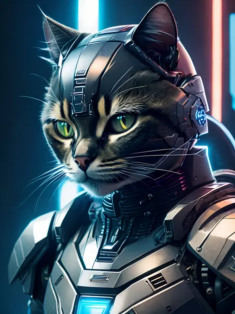 Cute cat as Doomsday Killer, realistic sci-fi cyberpunk power armored robot, close-up portrait movie, 8k, hdr, ((intricate detail, super detailed)), (backlight: 1.3), (movie: 1.3), (ArtStation: 1.3)