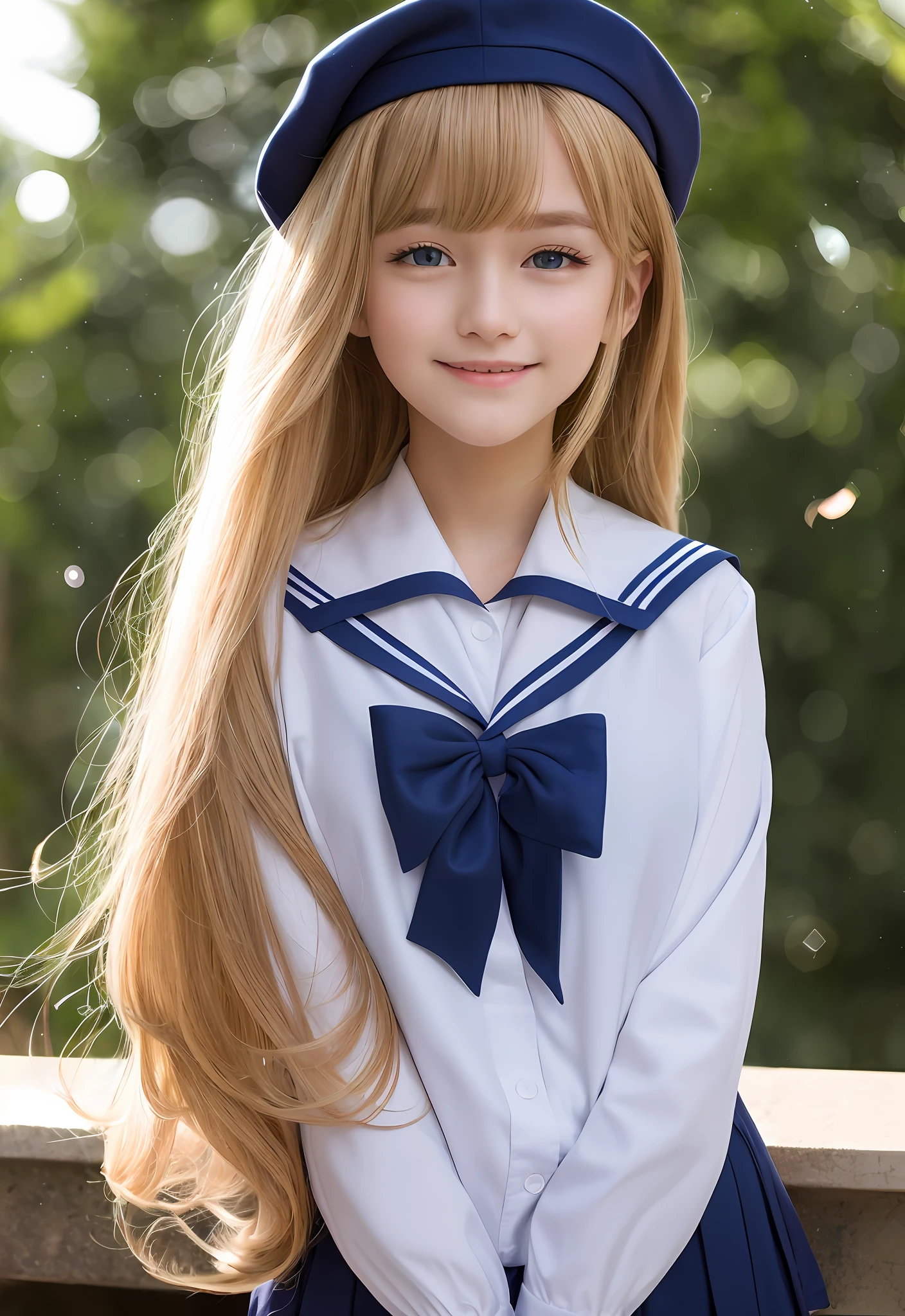 uniform, sailor suit, high school student, big breasts, beautiful 16 year old beautiful girl, very beautiful face, smile, white shiny skin, beautiful skin, bangs between eyes, bright beautiful natural blonde with shining luster, super long silky hair, beautiful beautiful eyes with beautiful and cute thin sky blue