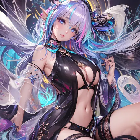 ((Masterpiece, Excellent)), 1girl, (MILF: 1.4), 130mm f1.4 lens, 1girl, solo, pointed ears, heart-shaped pupils, microskirt, overlook, fairy girl, big breasts, fairy wings, saturated, colorful, multicolored hair, silver hair, blue hair, colorful eyes --aut...