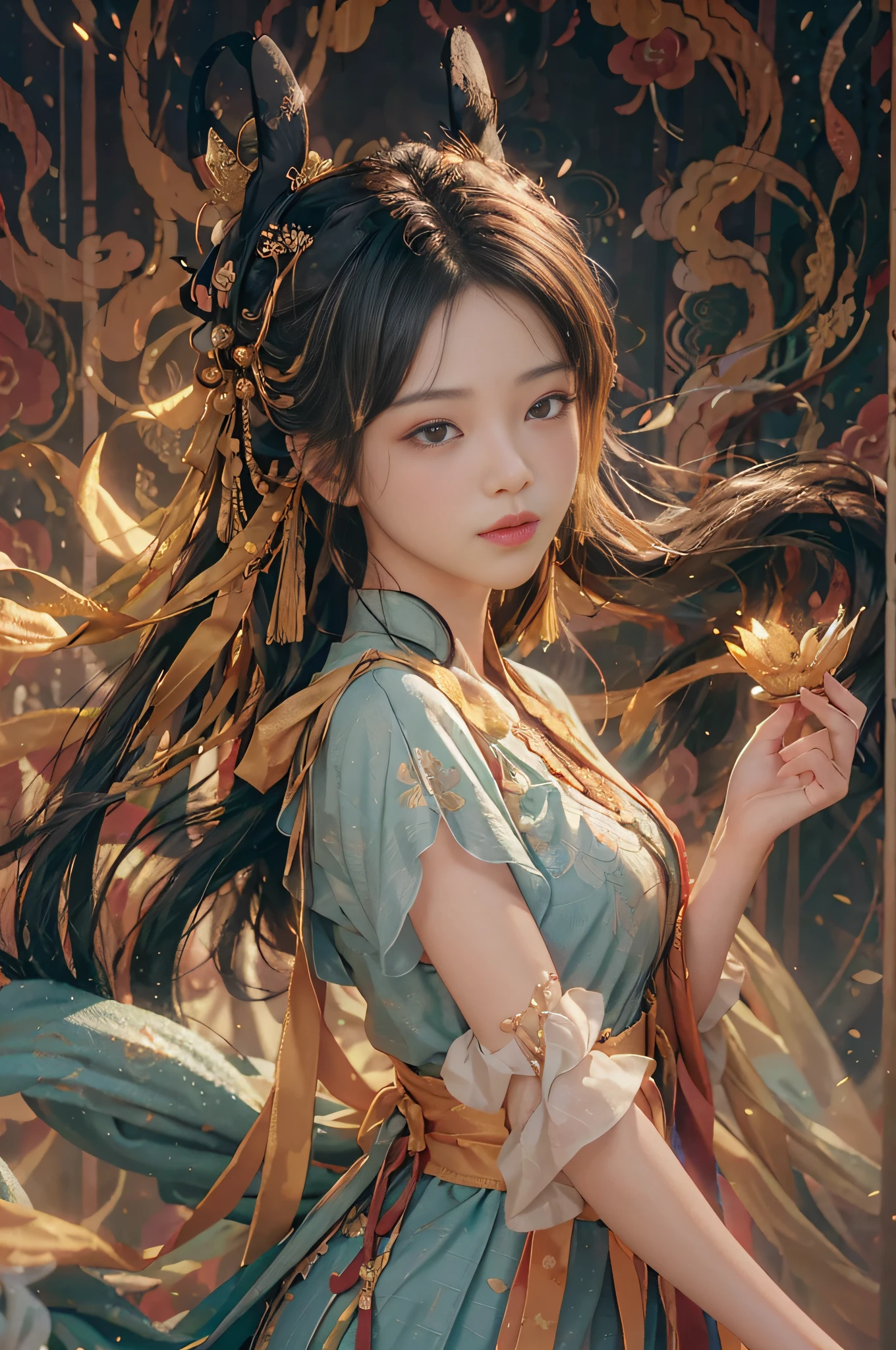 (RAW photo, best quality), (realistic, photo-realistic:1.3), best quality, highly detailed, masterpiece, ultra-detailed, illustration, 1girl, upper_body, dynamic angle, world mastery theater, messy_long_hair,best quality, extremely detailed CG unity 8k壁纸，墨水，惊人，电影灯光，lens_flare，dunhuang_style，拿着琵琶