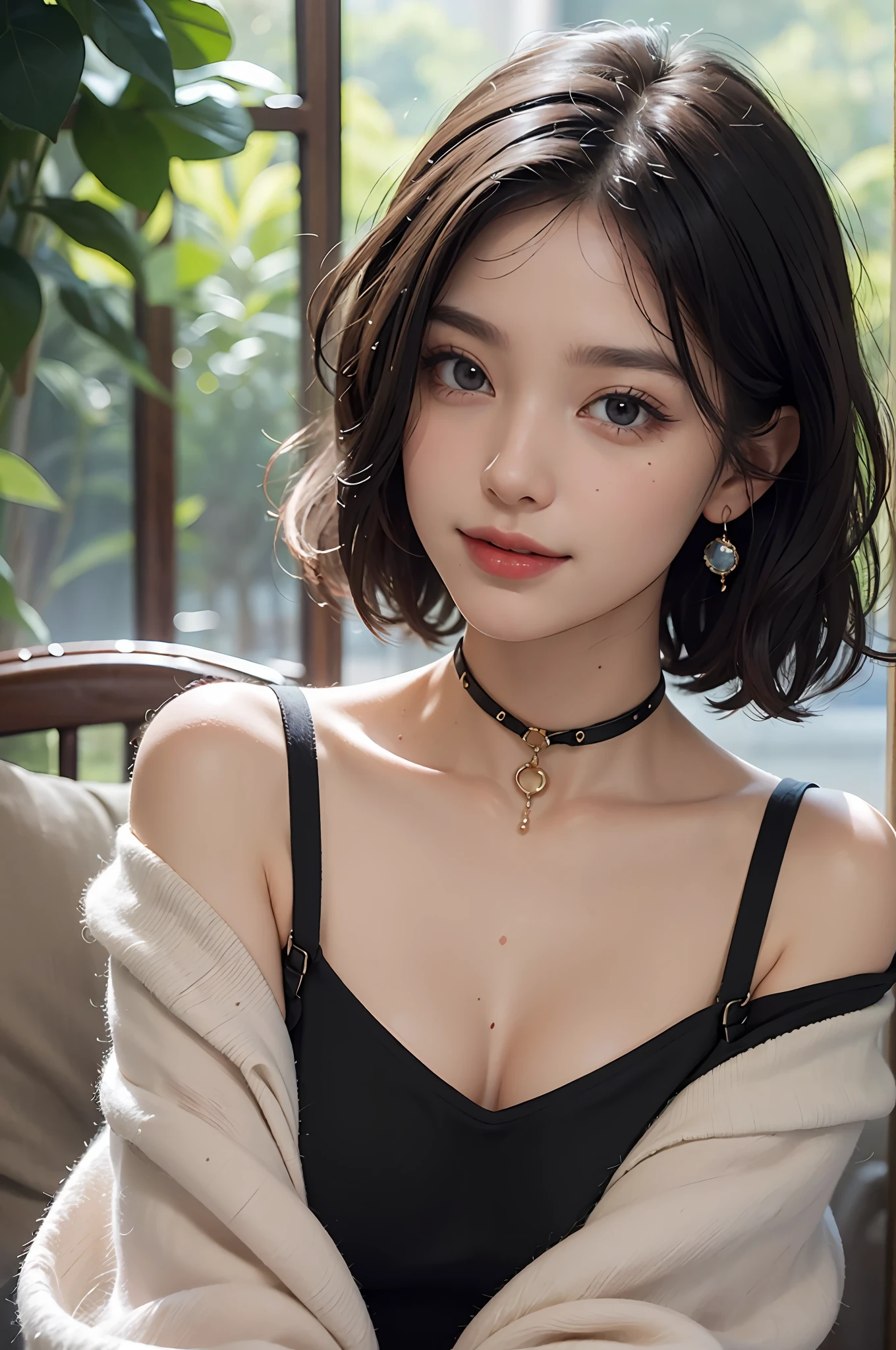 (Masterpiece: 1.3), (8k, Photorealistic, RAW Photo, Best Quality: 1.4), (1girl), Beautiful Face, (Realistic Face), (Black Hair, Short Hair: 1.3), Beautiful Hairstyle, Bangs, Smile, Smile, Realistic Eyes, Gloss, Highlights, Highlights in the pupils, Eyelashes, Beautiful Detail Eyes, (Realistic Skin), Beautiful Skin, Transparency, Off Shoulder, Red Knit, Blue knitwear, black shoulder straps, shoulder straps, thick choker, bust, smile, tooth, absurdity, attractive, ultra-high resolution, ultra-realistic, high definition, golden ratio, crystal clear eyes, wet, mole, gaze on camera, ears, sparkle, long neck, double eyelids, big eyes, cheeks, gentle personality, charming personality, gentle, touching, overwhelming charm, bright personality