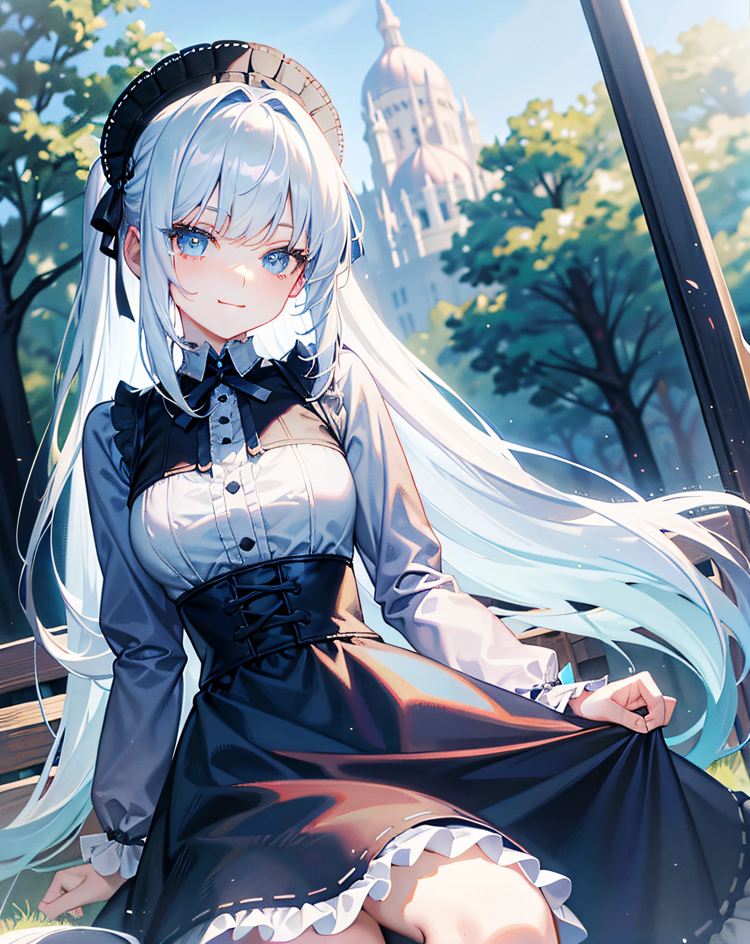 masterpiece, park, blue sky, white hair, long hair, blunt bangs bangs, long eyelashes, blue eyes, black gothic lolita, smile, ribbon in hair, gentle look