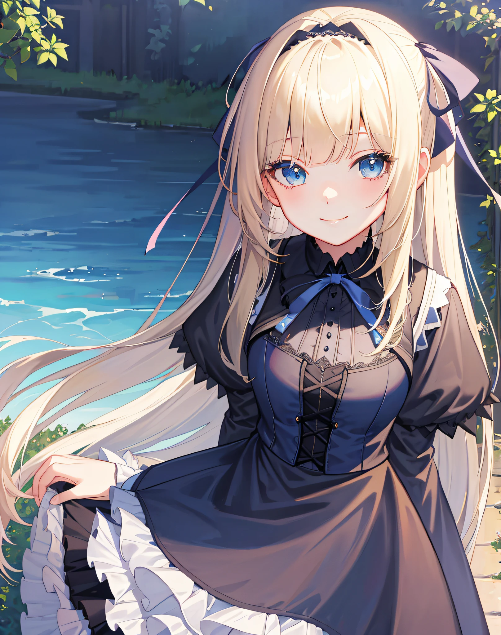 Meisterwerk, Park, blauer Himmel, blonde, lange Haare, stumpfer Pony Pony, lange Wimpern, blaue Augen, schwarze Gothic-Lolita, lächeln, Schleife im Haar, Sanfter Ausdruck