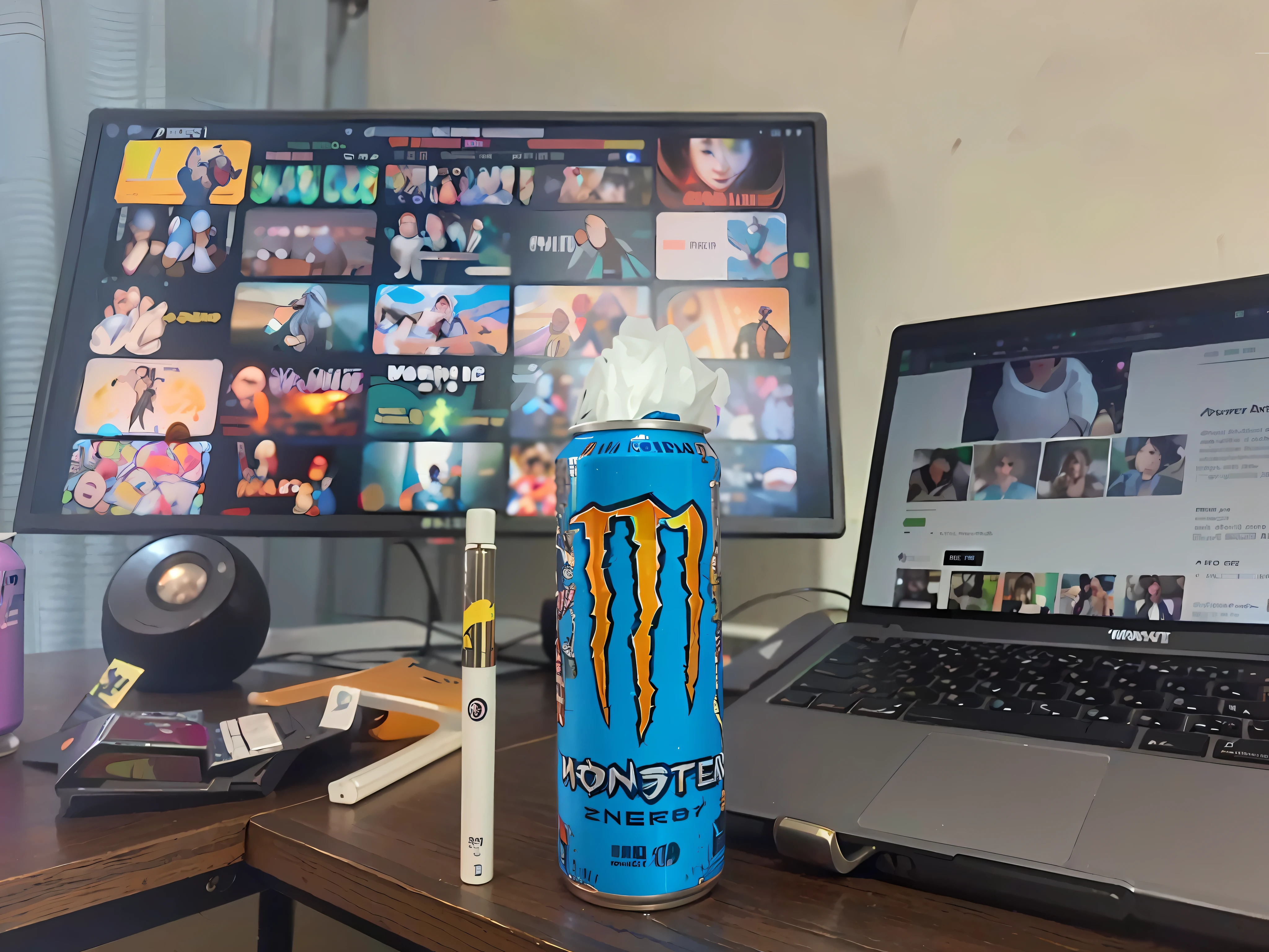 Araffe energy drink sitting on a desk next to a laptop computer - SeaArt AI