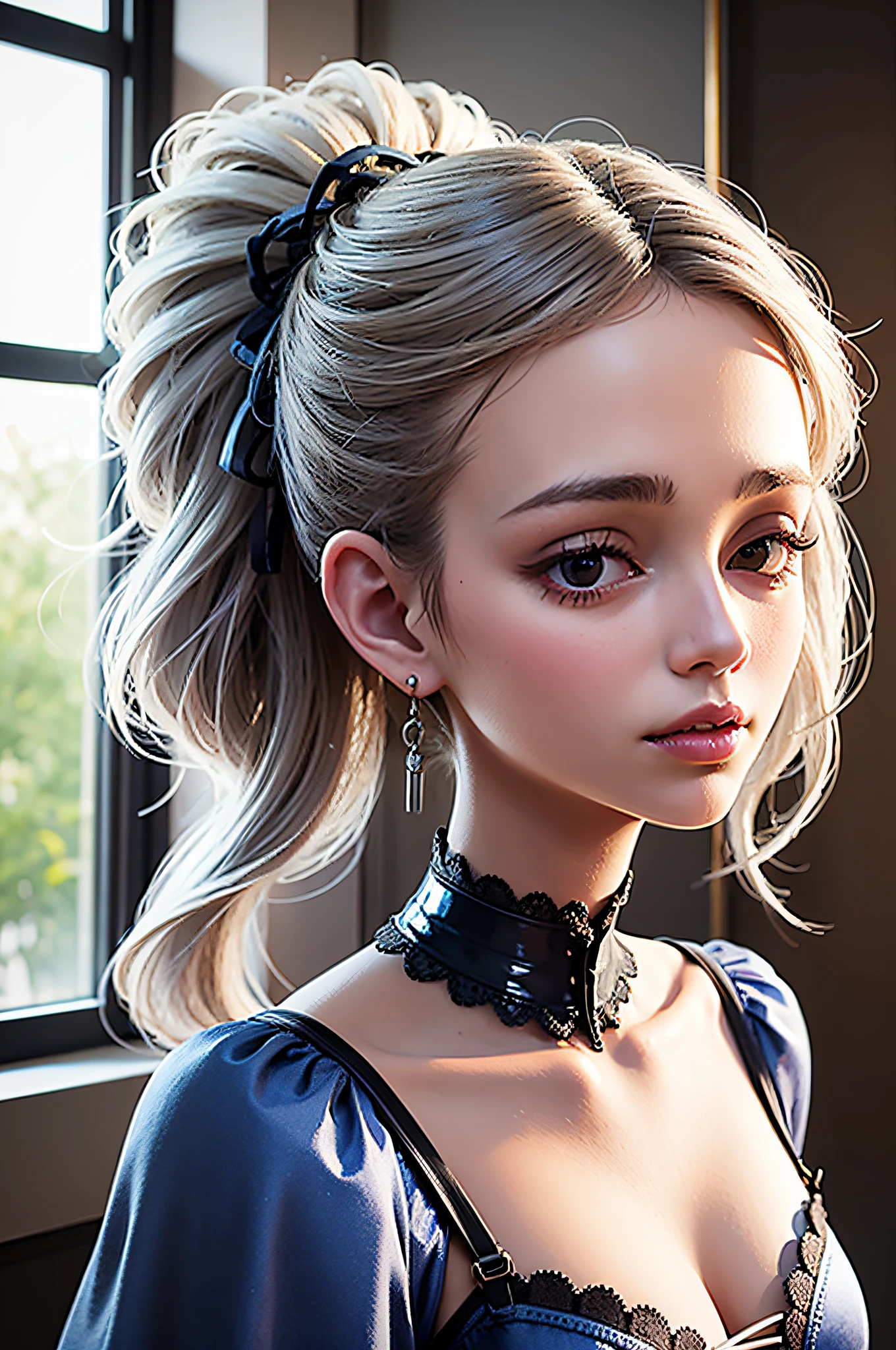 ((blue corset dress)), (best quality, masterpiece: 1.2), ultra high resolution, realistic, front lighting, intricate details, exquisite details and textures, body portrait, one girl, solo, (young), face highlights, upper body, detailed face, teardrop mole, shiny skin, silver hair, ponytail, braid hair, look viewer, big eyes, ((blue corset dress) ), earrings, small breasts, slim body, beautiful background (city hotel room: 1.2), window edge, professional lighting, photon mapping, radiosity, physically based rendering, ((hair bunched up on head)), huge, {{{masterpiece, best quality, illustration,game_cg}}}}, (hair bunched up on head), sexy, cinematic, beautiful background, Body Portrait --auto --s2