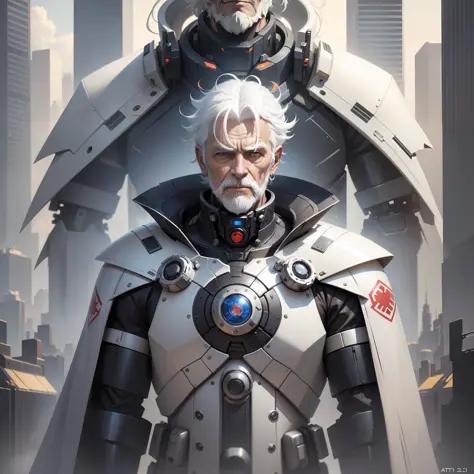 (Mecha Old Man is Half-Man Half-Mecha: 1.2), bangs, white hair, wearing a cape, domineering with a king, solo, (Tech City 1.2), Trends on ArtStation, 8K resolution, Very detailed, Clear images, Digital painting, Concept Art, Trends on Pixiv, Makoto Shinkai...