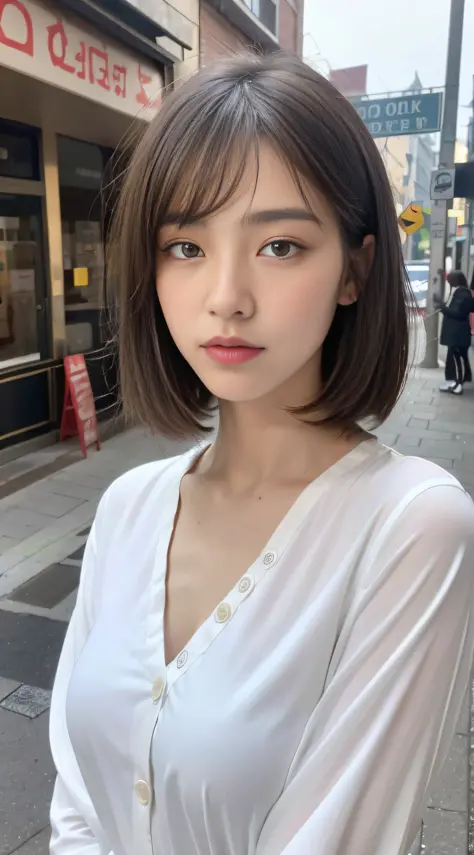 ((Best Quality, 8K, Masterpiece: 1.3)), Sharp: 1.2, Perfect Body Beauty: 1.4, Slim Abs: 1.2, ((Layered Haircut, Medium Breasts: 1.2)), (Slim White Button Long Shirt: 1.1), City Street: 1.2, Highly Detailed Facial and Skin Texture, Delicate Eyes, Double Eye...