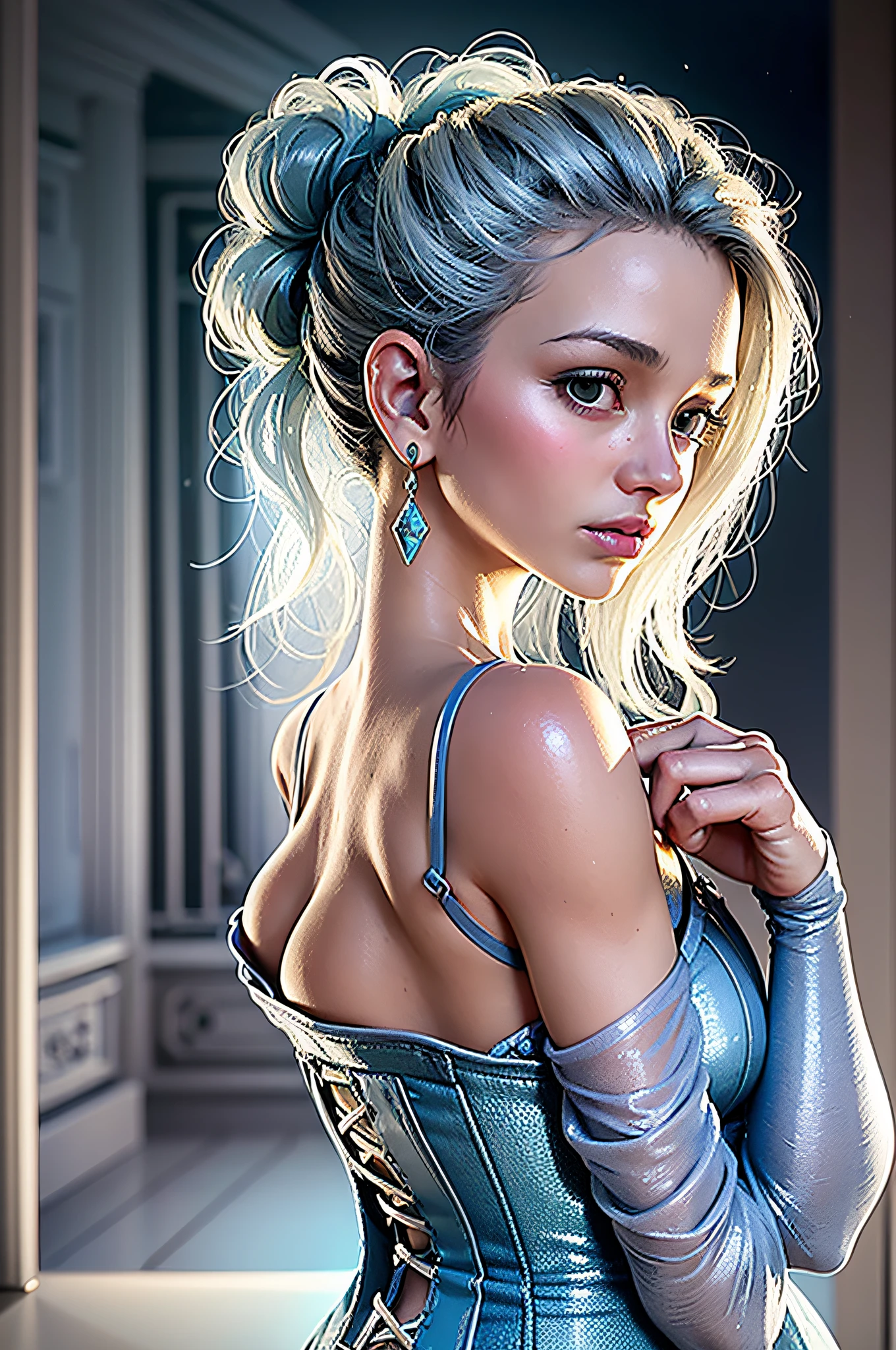 ((Light blue corset dress)), (Best quality, masterpiece: 1.2), Ultra High Resolution, (((Realistic)), Front lighting, intricate details, exquisite details and textures, Body Portrait, 1 girl, Solo, (young), Face highlights, Upper body, Detailed face, Teardrop mole, Shiny skin, Silver hair, Ponytail, Braid hair, Look at the viewer, big eyes, ( light blue corset dress), earrings, small breasts, slim body, beautiful background (city hotel room: 1.2), windowsill, professional lighting, photon mapping, radiosity, physically based rendering, ((hair bunched up on head)), huge, {{{masterpiece, best quality, illustration,game_cg}}}, (hair bunched up on head), sexy, cinematic, Beautiful background, body portrait --auto --s2