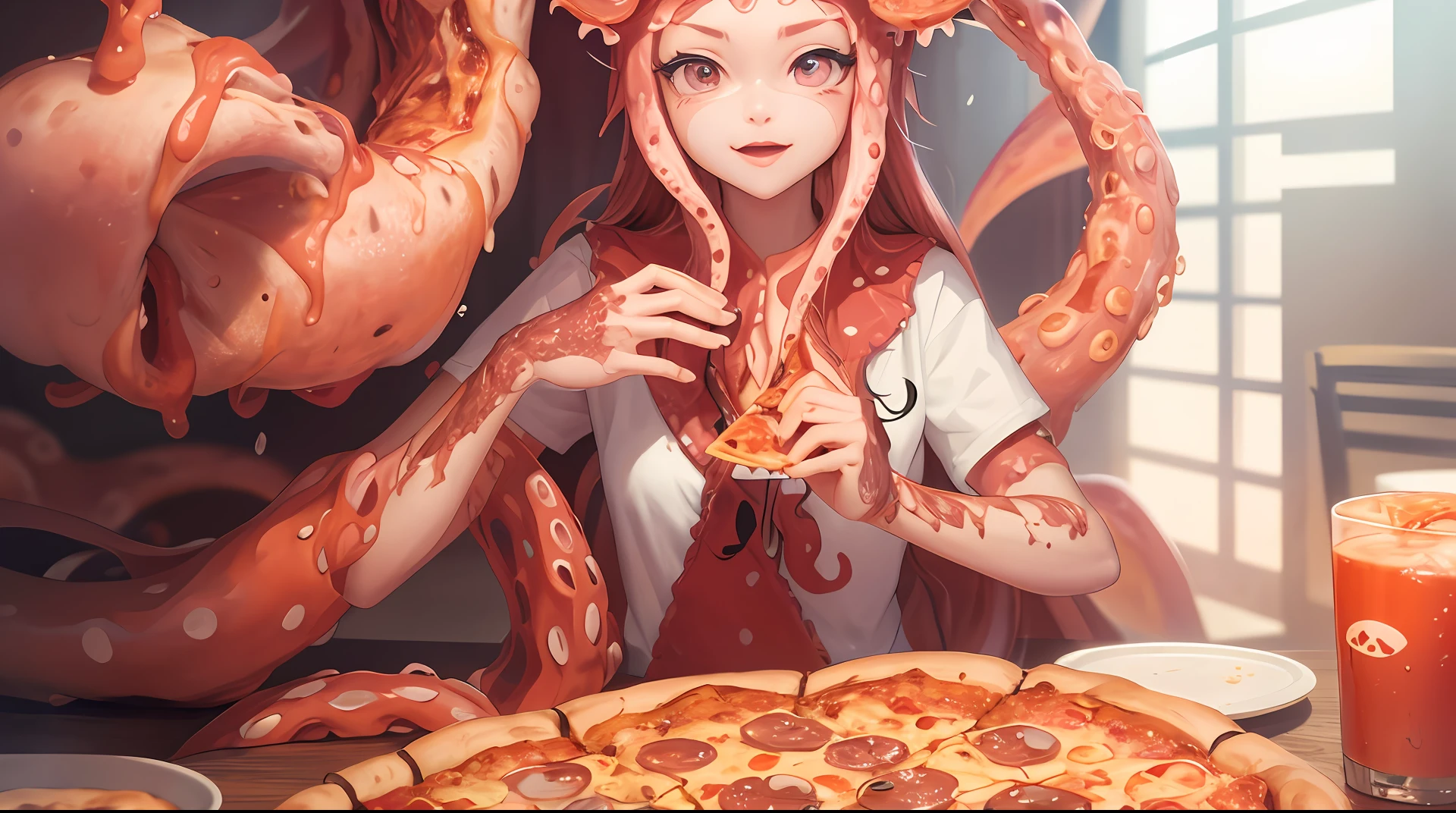 Melhor qualidade，pizza，Medo de tentáculo，Há uma mulher sentada em uma mesa com uma pizza e tentáculos de polvo, mastigando pizza, comendo pizza, tentáculos enrolados em hambúrgueres, pizza!, tentáculos ao redor, apresentando pizza, humanóide rosa fêmea lula garota, comendo uma pizza, comida de anime, arte digital detalhada de anime, pizza, ilustração de comida incrível, compartilhando uma pizza, alguns tentáculos estão tocando ela