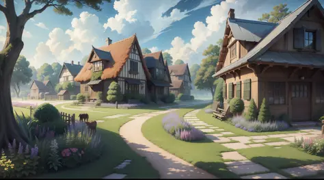 Masterpiece, best quality, official art, extremely detailed CG unity 8k wallpaper, outdoors, animals, spring \(seasons\), cloudy sky, studio ghibli, garden, village,