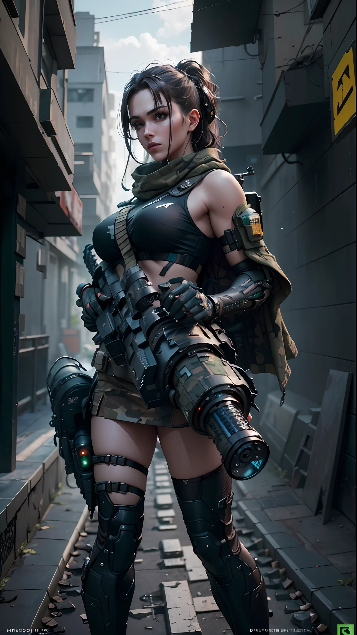 ((Best quality)), ((masterpiece)), (highly detailed:1.3), 3D, beautiful (cyberpunk:1.2) special forces, robort,female with thick voluminous hair wearing (wearing camouflage_uniform:1.1), body armour,cape,digital (camouflage:1.3),HDR (High Dynamic Range),Ray Tracing,NVIDIA RTX,Super-Resolution,Unreal 5,Subsurface scattering,PBR Texturing,Post-processing,Anisotropic Filtering,Depth-of-field,Maximum clarity and sharpness,Multi-layered textures,Albedo and Specular maps,Surface shading,Accurate simulation of light-material interaction,Perfect proportions,Octane Render,Two-tone lighting,Wide aperture,Low ISO,White balance,Rule of thirds,8K RAW,Efficient Sub-Pixel,sub-pixel convolution, big weapon, big cannon on shoulder