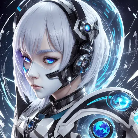 8K, anime, 3D, grimes neofantasy anime CRISPR gene, rei ayanami type, female character, planet earth in her hands, white and blue colors, void in background, elfic ears, fantasy, oily bubbles, henna tatto in her face color white, mask over mouth nose and c...