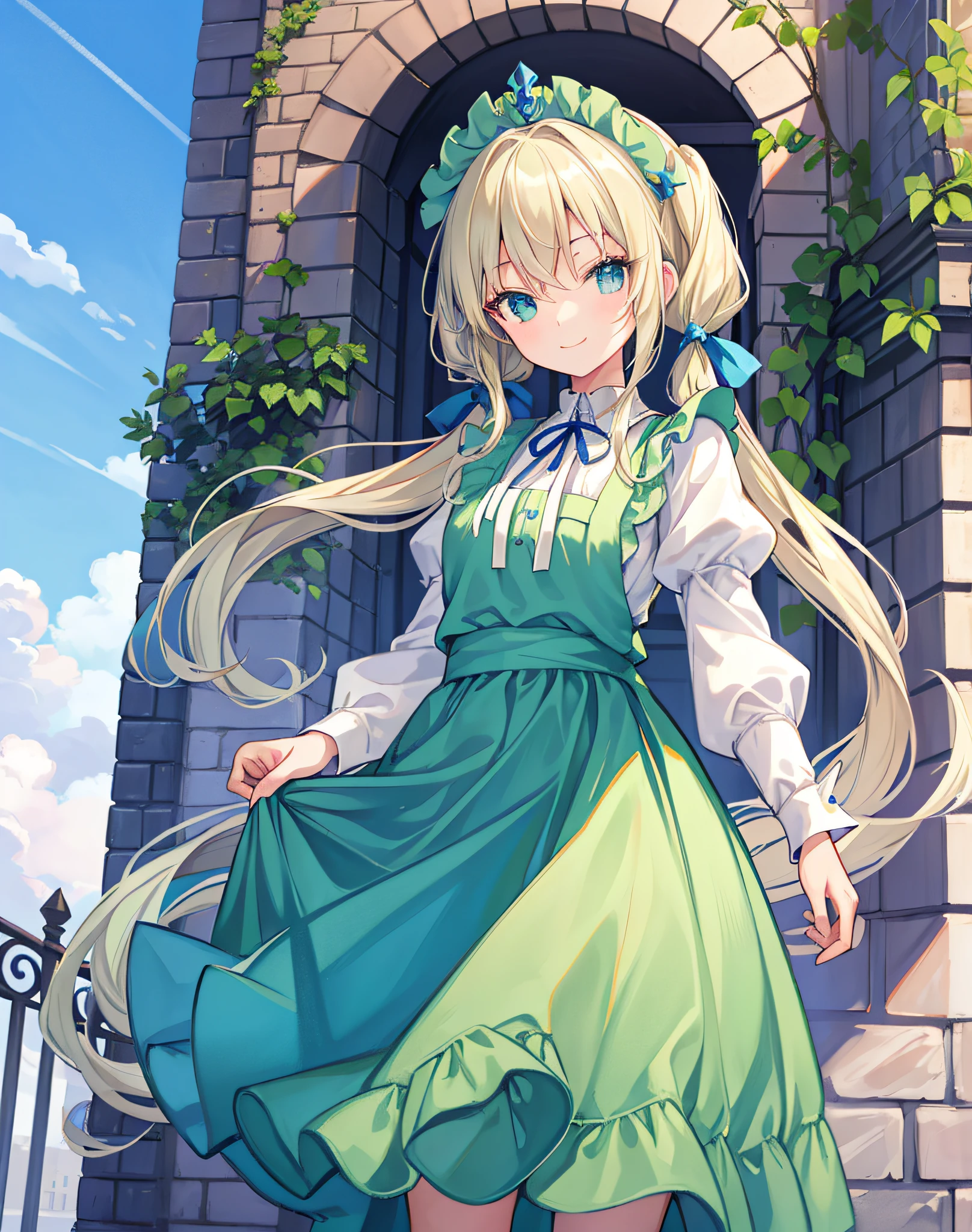 masterpiece, Europa Street, blue sky, thin blonde, long hair, long eyelashes, green eyes, green maid clothes, smile, ribbon in hair, gentle expression, headdress, twin tails, big