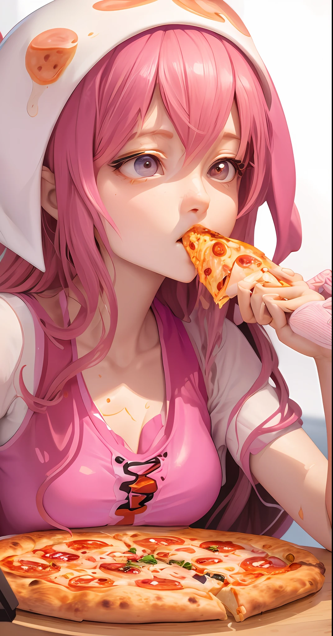 Há uma mulher sentada em uma mesa com uma pizza e tentáculos de polvo, mastigando pizza, comendo pizza, tentáculos enrolados em hambúrgueres, pizza!, tentáculos ao redor, apresentando pizza, humanóide rosa fêmea lula garota, comendo uma pizza, comida de anime, arte digital detalhada de anime, pizza, ilustração de comida incrível, compartilhando uma pizza, alguns tentáculos estão tocando ela