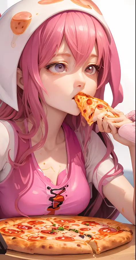 there is a woman sitting at a table with a pizza and octopus tentacles, munching pizza, eating pizza, tentacles wrapped around b...