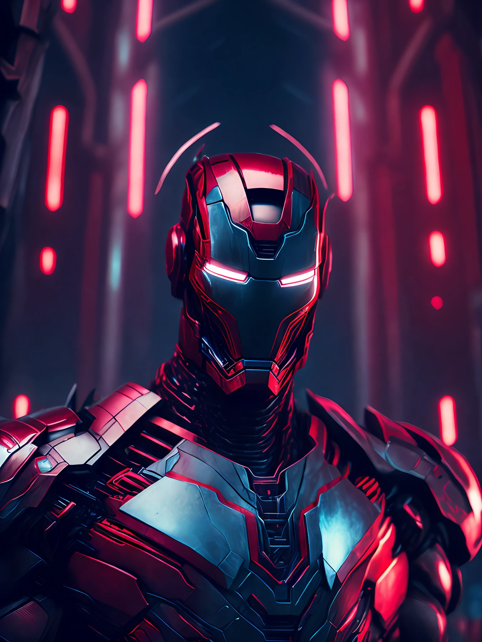 ภาพเหมือนที่น่ากลัวของ Iron Man 2099 จากมาร์เวลคอมิกส์ที่มีอุปกรณ์ไซเบอร์เนติกแบบเชิงมุมที่ซับซ้อนภายในอาคารสไตล์บรูตัลลิสต์, มหาวิหารแบบโกธิกโหดร้าย, ไซเบอร์พังค์, ภาพที่ได้รับรางวัล, โบเก้, แสงนีออน, แขนขาไซเบอร์เนติกส์