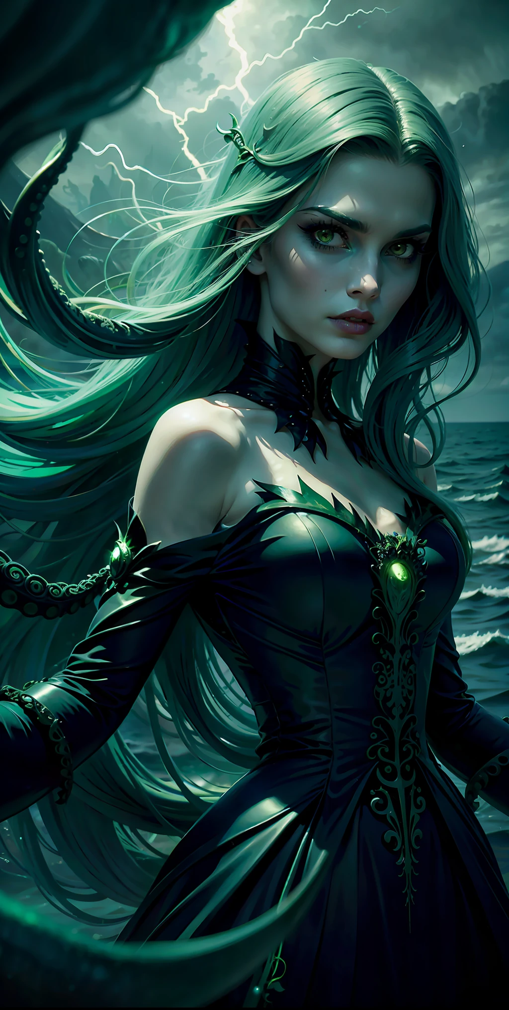 a picture of a sea witch, long green hair, evil, villain, she is coming to you, up close, dark ocean,( underwater:1.1), lightning, bright eyes, wearing a dress made of algae, tentacles, octopus, (up close:1.3)