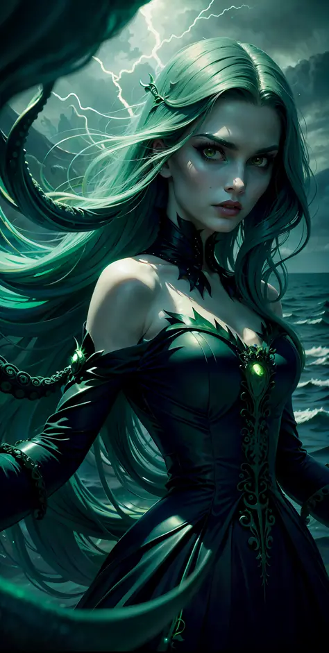 a picture of a sea witch, long green hair, evil, villain, she is coming to you, up close, dark ocean,( underwater:1.1), lightnin...