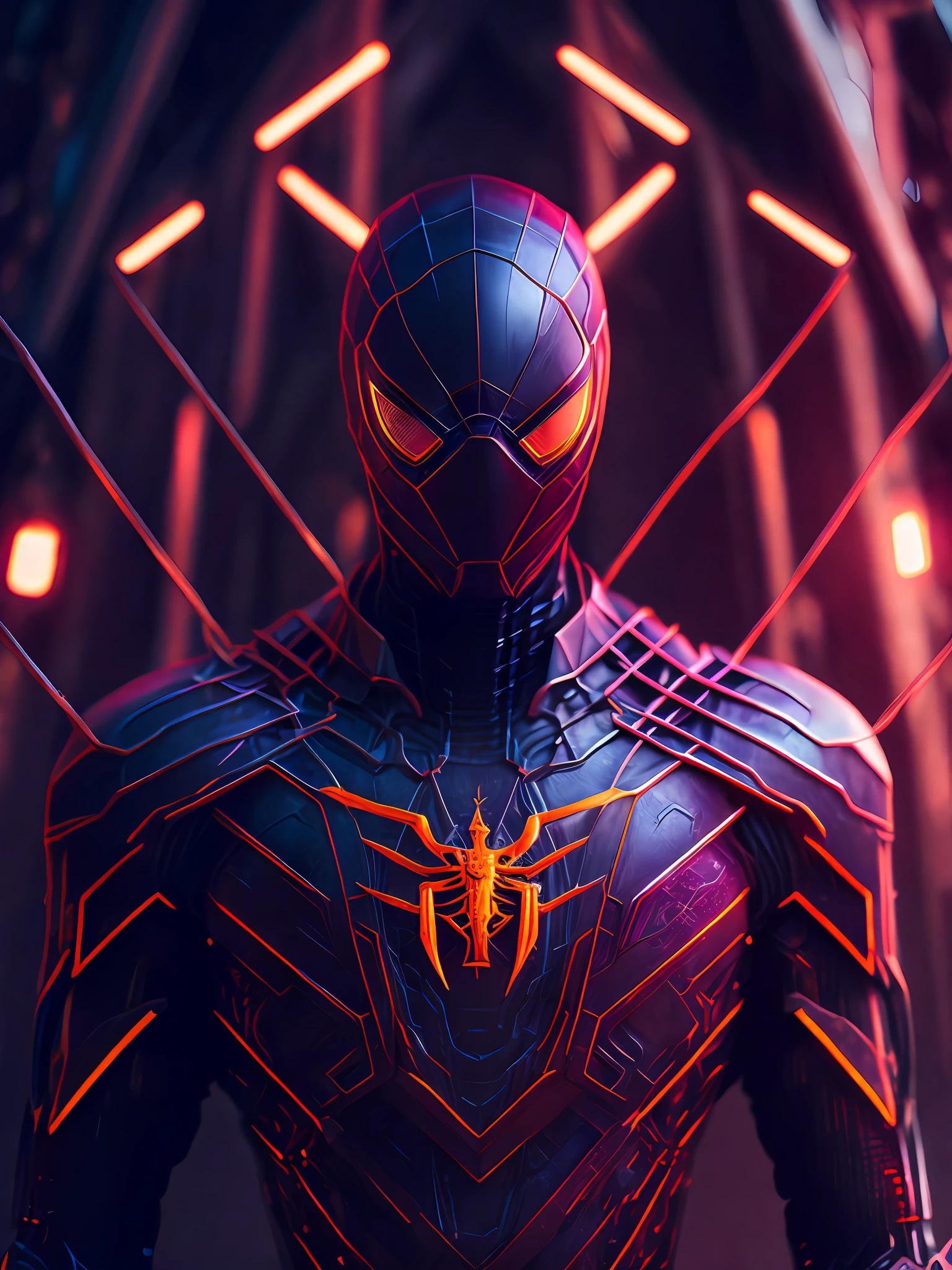 a somber portrait of Iron Spider from Marvel Comics with intricate angular cybernetic implants inside a brutalist building, a gothic brutalist cathedral, cyberpunk, award-winning photos, bokeh, neon lights, cybernetic limb