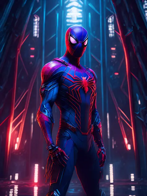 grim portrait of The Savage Spider-Man from Marvel Comics with intricate angular cybernetic implants inside a brutalist building, gothic brutalist cathedral, cyberpunk, award-winning photo, bokeh, neon lights, cybernetic limb