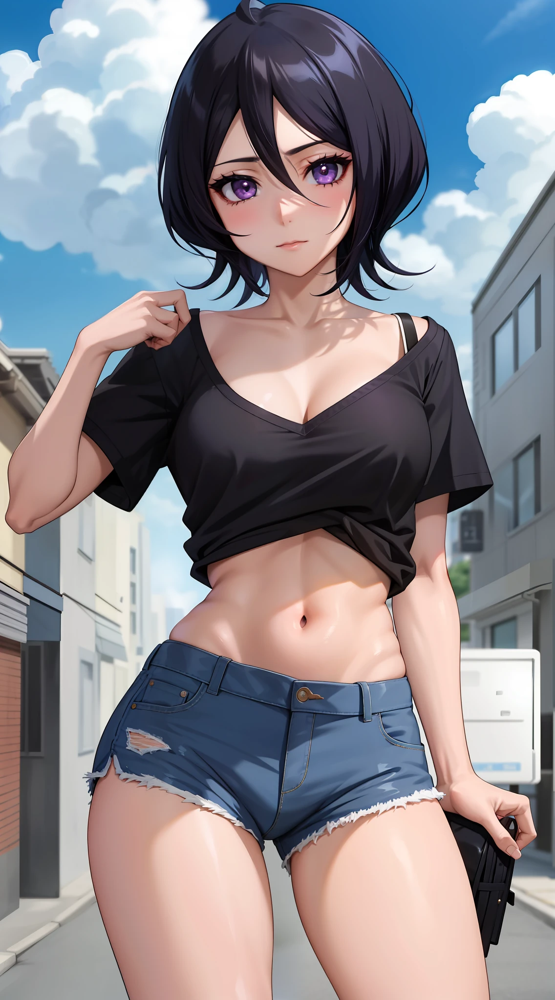 anime screencap, city, 1girl, solo, short hair, black hair, purple eyes, looking at the viewer, hair between eyes, lustful, closed mouth, ass, wide hips, short top, short shorts, unbuttoned shorts, blue sky, clouds, erotica, lots of erotica
