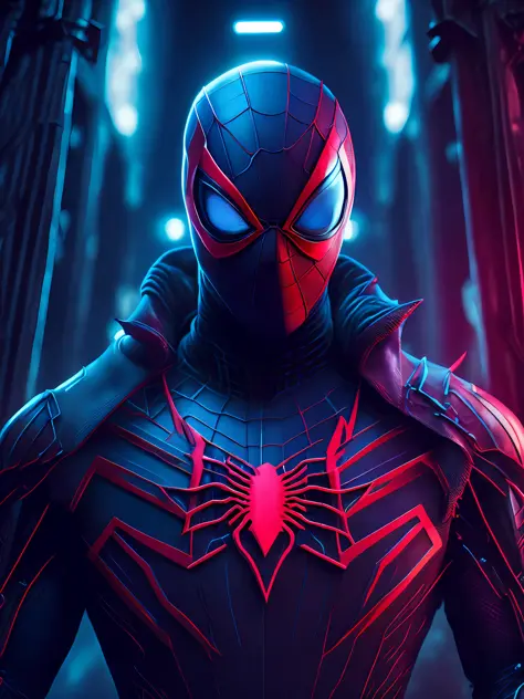 grim portrait of Agent Spider-Man from Marvel Comics with intricate angular cybernetic implants inside a brutalist building, gothic brutalist cathedral, cyberpunk, award-winning photo, bokeh, neon lights, cybernetic limb